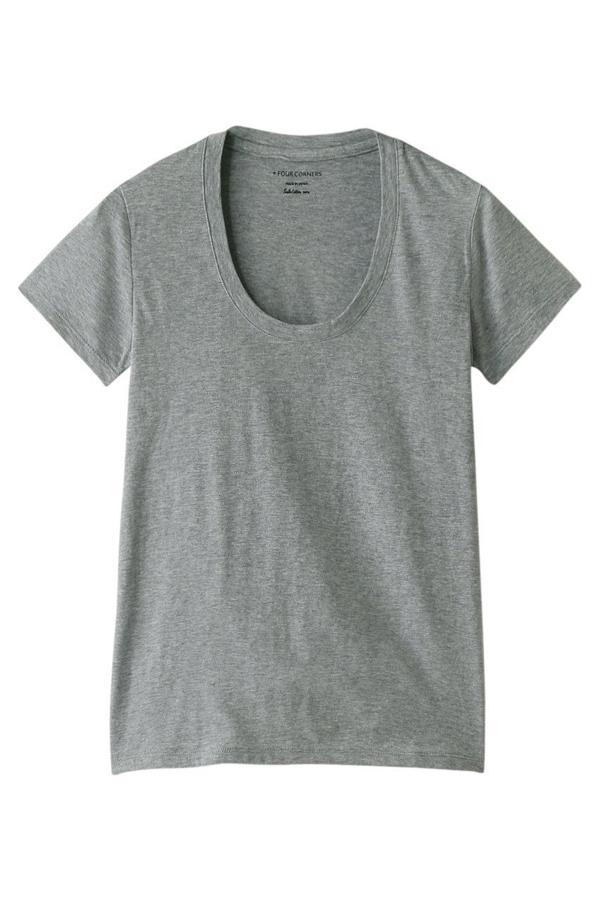 【フォーコーナーズ/+FOUR CORNERS】の半袖Tシャツ(Uネック) インテリア・キッズ・メンズ・レディースファッション・服の通販 founy(ファニー) 　ファッション　Fashion　レディースファッション　Fashion for Women　トップス・カットソー　Cut & Sew Tops　シャツ・ブラウス・オフィスカジュアル　Elegant Blouses & Button-Ups　ロングTシャツ・Tシャツ　Longline T-Shirts & Tees　カットソー・ベーシックTシャツ　Cut-and-Sewn Tops / Stretch Tees & Basics　おすすめ　Recommended / Our Picks　ショート　Short, Short Length　スリーブ　Sleeve, Long Sleeve / Short Sleeve　ベーシック　Basic, Essential　半袖　Short Sleeve, Half Sleeve　吸水　Absorbent, Quick-Dry　TOPグレー|ID: prp329100000018441 ipo3291000000032840491