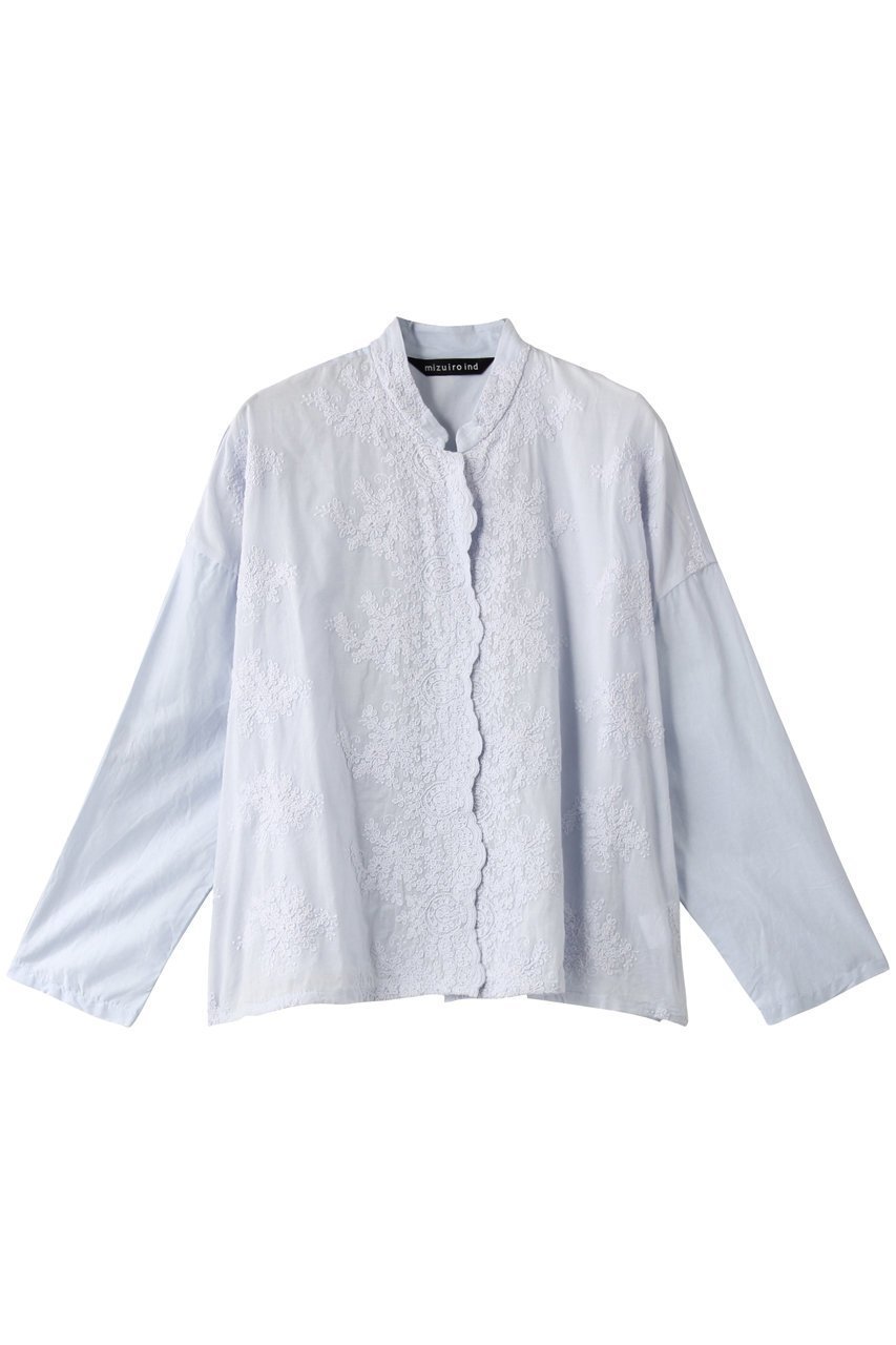 【ミズイロ インド/mizuiro ind】のスタンドカラーレースワイドシャツ インテリア・キッズ・メンズ・レディースファッション・服の通販 founy(ファニー) ファッション Fashion レディースファッション Fashion for Women トップス・カットソー Cut & Sew Tops シャツ・ブラウス・オフィスカジュアル Elegant Blouses & Button-Ups シアー Sheer, See-Through スカラップ Scallop, Scalloped Edge スタンド Stand Collar, Upright Stand スリーブ Sleeve, Long Sleeve / Short Sleeve フラワー Flower, Floral フロント Front, Front Design ロング Long, Long-Length ライトブルー|ID: prp329100000019854 ipo3291000000036723995