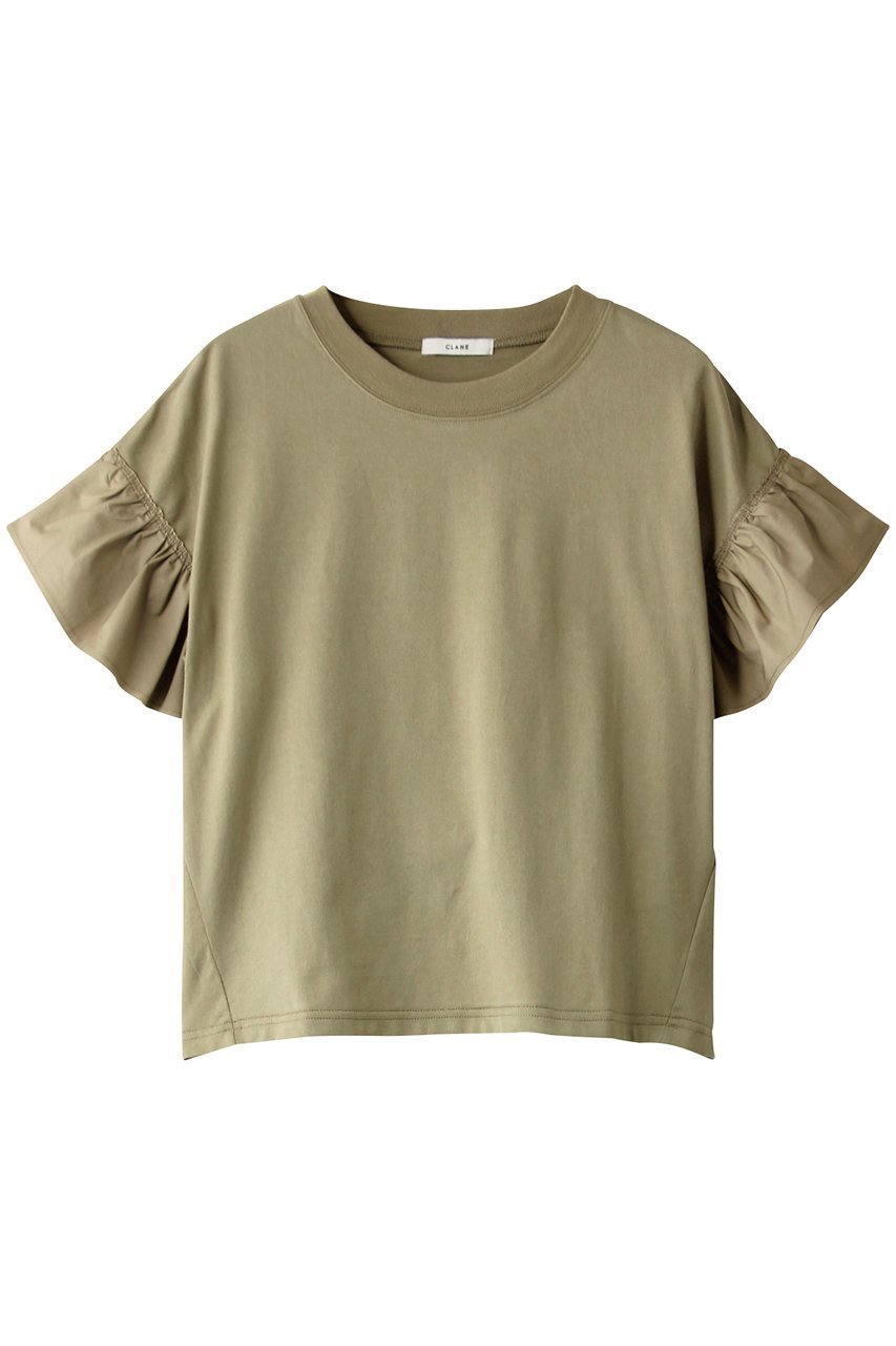【クラネ/CLANE】のFRILL SLEEVE TOPS/トップス インテリア・キッズ・メンズ・レディースファッション・服の通販 founy(ファニー) ファッション Fashion レディースファッション Fashion for Women トップス・カットソー Cut & Sew Tops シャツ・ブラウス・オフィスカジュアル Elegant Blouses & Button-Ups ロングTシャツ・Tシャツ Longline T-Shirts & Tees カットソー・ベーシックTシャツ Cut-and-Sewn Tops / Stretch Tees & Basics コンパクト Compact, Small Size ショート Short, Short Length スリーブ Sleeve, Long Sleeve / Short Sleeve バランス Balance, Style Balance フリル Frill, Ruffle ボトム Bottoms, Lower Wear 夏 Summer モスグリーン|ID: prp329100000024996 ipo3291000000032838369