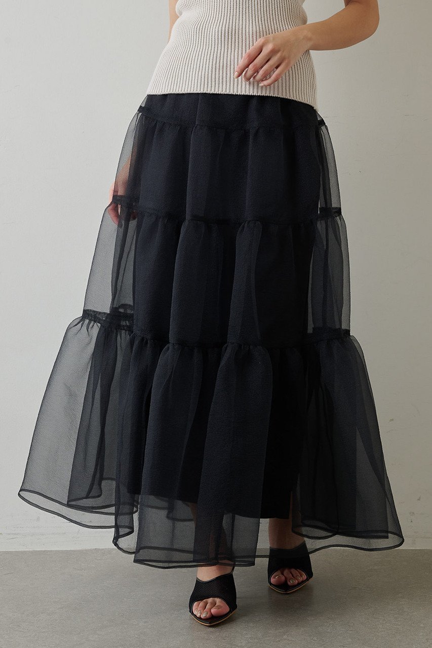 【ウィムガゼット/Whim Gazette】のオーガンジーボリュームスカート インテリア・キッズ・メンズ・レディースファッション・服の通販 founy(ファニー) 　ファッション　Fashion　レディースファッション　Fashion for Women　スカート　Skirts　ロングスカート　Long Skirts / Maxi & Midi Skirts　オーガンジー　Organza Fabric　スリット　Slit, Slit Detail　ティアードスカート　Tiered Skirt, Flounced Skirt　ロマンティック　Romantic, Feminine Style　ロング　Long, Long-Length　ワッシャー　Washer, Crinkled Finish　エレガント 上品　Elegant　ブラック|ID: prp329100003056190 ipo3291000000033706014