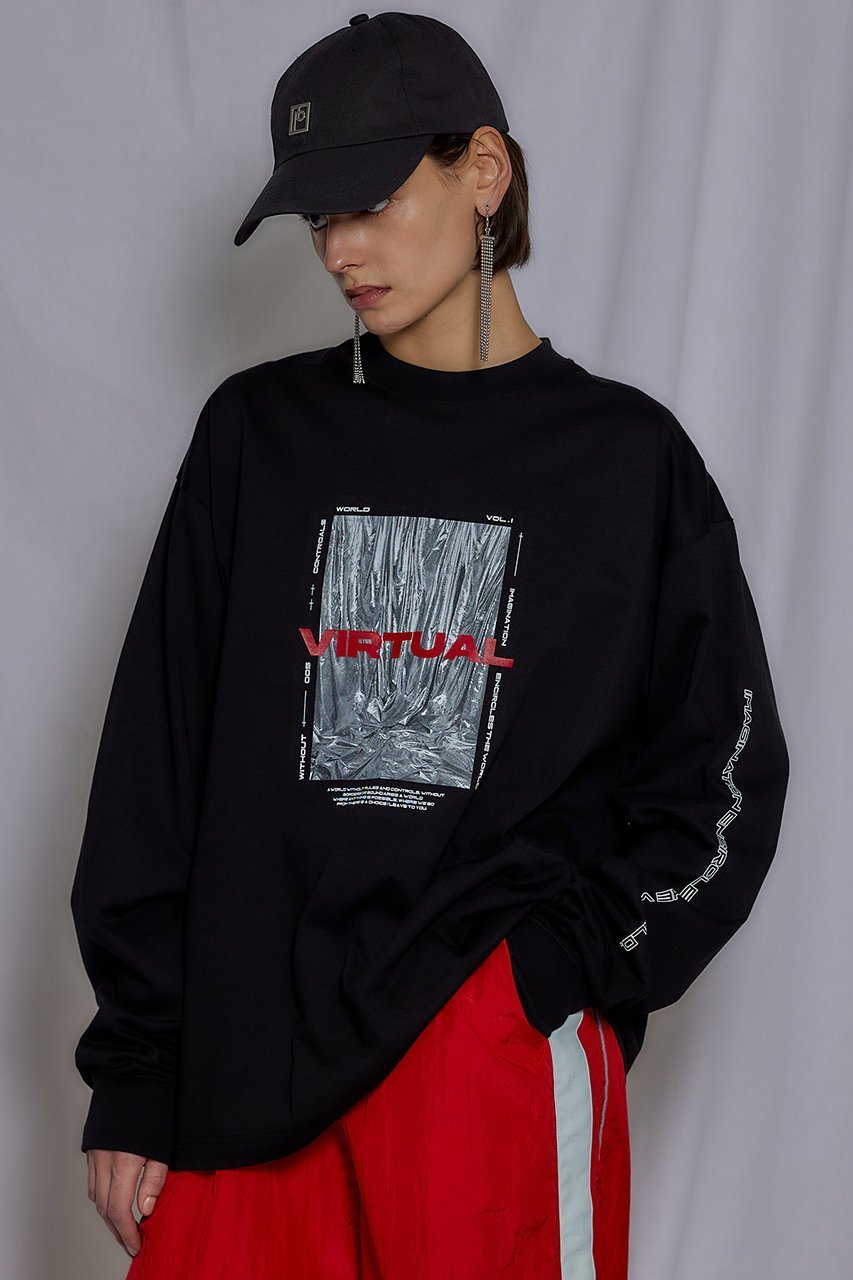【プランク プロジェクト/PRANK PROJECT】のVIRTUALロングTEE / VIRTUAL Long Sleeve Tee インテリア・キッズ・メンズ・レディースファッション・服の通販 founy(ファニー) 　ファッション　Fashion　レディースファッション　Fashion for Women　トップス・カットソー　Cut & Sew Tops　シャツ・ブラウス・オフィスカジュアル　Elegant Blouses & Button-Ups　ロングTシャツ・Tシャツ　Longline T-Shirts & Tees　カットソー・ベーシックTシャツ　Cut-and-Sewn Tops / Stretch Tees & Basics　おすすめ　Recommended / Our Picks　ウォッシャブル　Machine Washable　スリーブ　Sleeve, Long Sleeve / Short Sleeve　プリント　Print, Printed Pattern　ボトム　Bottoms, Lower Wear　メタル　Metal, Metal Parts　ロング　Long, Long-Length　BLK(ブラック)|ID: prp329100003135219 ipo3291000000036653788