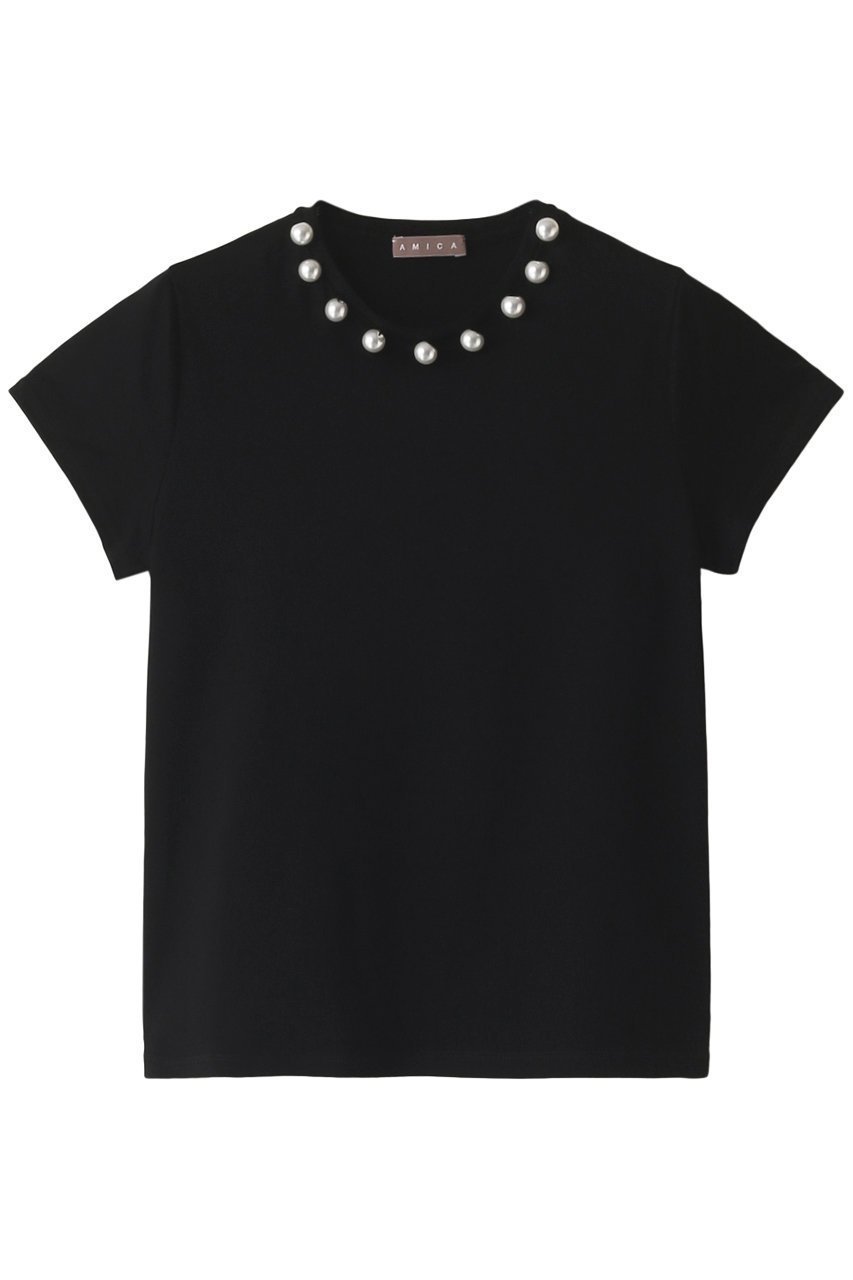 【アミカ/AMICA】のパールTシャツ インテリア・キッズ・メンズ・レディースファッション・服の通販 founy(ファニー) 　ファッション　Fashion　レディースファッション　Fashion for Women　トップス・カットソー　Cut & Sew Tops　シャツ・ブラウス・オフィスカジュアル　Elegant Blouses & Button-Ups　ロングTシャツ・Tシャツ　Longline T-Shirts & Tees　カットソー・ベーシックTシャツ　Cut-and-Sewn Tops / Stretch Tees & Basics　おすすめ　Recommended / Our Picks　ショート　Short, Short Length　シンプル　Simple, Minimal　スリーブ　Sleeve, Long Sleeve / Short Sleeve　パール　Pearl, Pearl Accent　ボトム　Bottoms, Lower Wear　ブラック|ID: prp329100003173887 ipo3291000000031849996