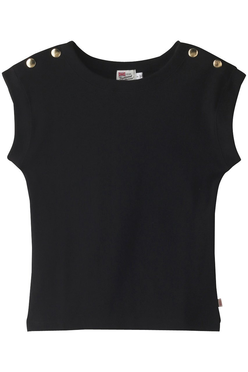 【エリオポール/heliopole】の【Traditional Weatherwear】ボートネックWボタンフレンチスリーブプルオーバー インテリア・キッズ・メンズ・レディースファッション・服の通販 founy(ファニー) 　ファッション　Fashion　レディースファッション　Fashion for Women　トップス・カットソー　Cut & Sew Tops　シャツ・ブラウス・オフィスカジュアル　Elegant Blouses & Button-Ups　ロングTシャツ・Tシャツ　Longline T-Shirts & Tees　カジュアルプルオーバー・ニットトップス　Pullovers & Knit Tops / Casual Pullovers　カットソー・ベーシックTシャツ　Cut-and-Sewn Tops / Stretch Tees & Basics　ショート　Short, Short Length　スリーブ　Sleeve, Long Sleeve / Short Sleeve　フィット　Fit, Slim Fit　ボーダー　Border, Stripe　無地　Plain, Solid Color　ブラック|ID: prp329100003224038 ipo3291000000035809380