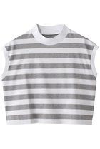 【スリー ドッツ/three dots】のビックストライプ フレンチスリーブTシャツ グレー×ホワイト|ID: prp329100003311397 ipo3291000000035891304