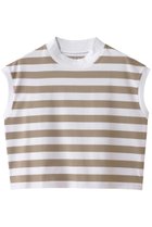 【スリー ドッツ/three dots】のビックストライプ フレンチスリーブTシャツ ホワイト×ベージュ|ID: prp329100003311397 ipo3291000000035891306