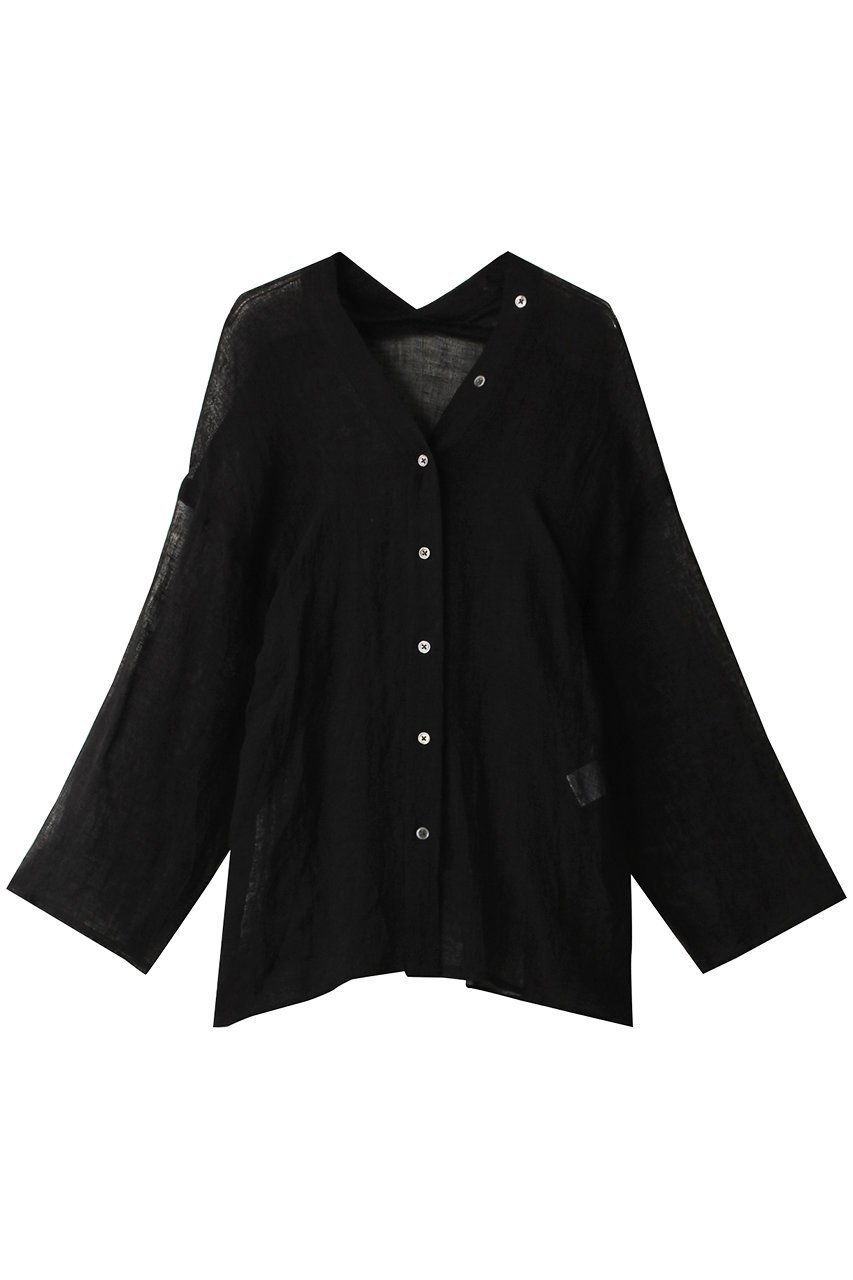 【エリオポール/heliopole】のCRUNCHY LINEN Vネックシャツ インテリア・キッズ・メンズ・レディースファッション・服の通販 founy(ファニー) 　ファッション　Fashion　レディースファッション　Fashion for Women　トップス・カットソー　Cut & Sew Tops　シャツ・ブラウス・オフィスカジュアル　Elegant Blouses & Button-Ups　Vネックトップス　V-Neck Tops / V-Cut Neckline Shirts　シアー　Sheer, See-Through　スリーブ　Sleeve, Long Sleeve / Short Sleeve　トレンド　Trend, Trending Now　リネン　Linen, Linen Fabric　ロング　Long, Long-Length　ブラック|ID: prp329100003422201 ipo3291000000032938196
