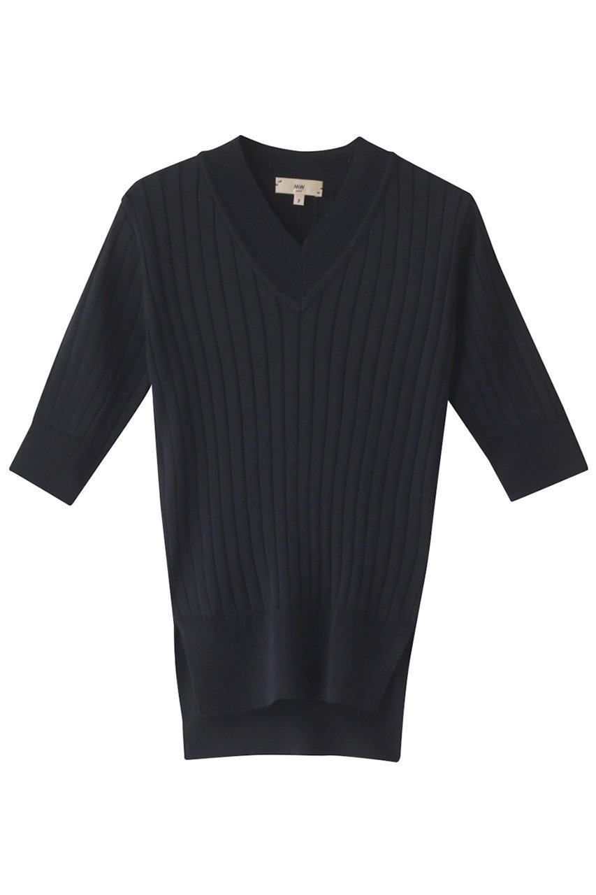 【エムダブリュー/MW】のシルク リブ Vネック ニット インテリア・キッズ・メンズ・レディースファッション・服の通販 founy(ファニー) 　ファッション　Fashion　レディースファッション　Fashion for Women　トップス・カットソー　Cut & Sew Tops　ニット　Knit Tops & Sweaters　カジュアルプルオーバー・ニットトップス　Pullovers & Knit Tops / Casual Pullovers　Vネックトップス　V-Neck Tops / V-Cut Neckline Shirts　なめらか　Smooth, Silky Texture　インナー　Innerwear　シルク　Silk, 100% Silk　シンプル　Simple, Minimal　ストライプ　Stripe, Striped Pattern　フィット　Fit, Slim Fit　半袖　Short Sleeve, Half Sleeve　ネイビー|ID: prp329100003445480 ipo3291000000032933709