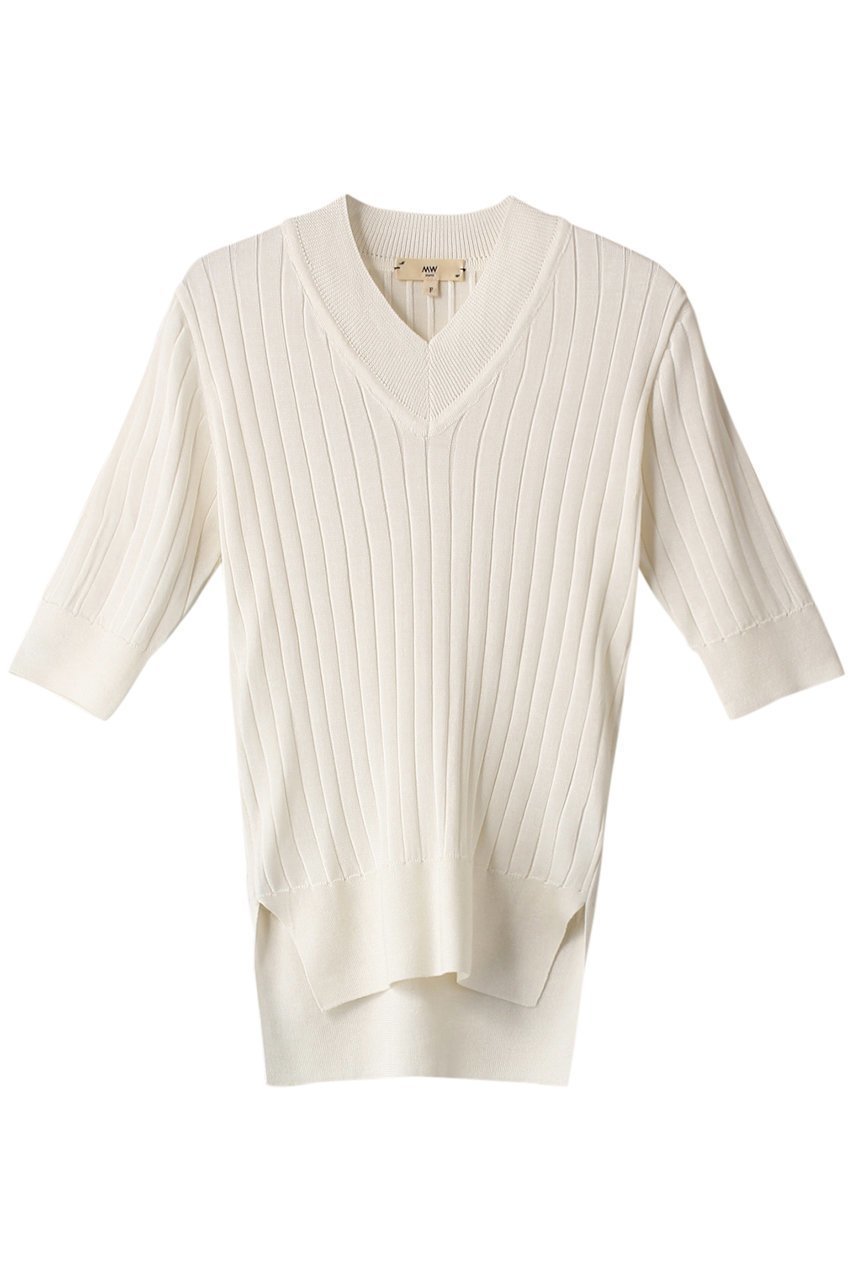 【エムダブリュー/MW】のシルク リブ Vネック ニット インテリア・キッズ・メンズ・レディースファッション・服の通販 founy(ファニー) 　ファッション　Fashion　レディースファッション　Fashion for Women　トップス・カットソー　Cut & Sew Tops　ニット　Knit Tops & Sweaters　カジュアルプルオーバー・ニットトップス　Pullovers & Knit Tops / Casual Pullovers　Vネックトップス　V-Neck Tops / V-Cut Neckline Shirts　なめらか　Smooth, Silky Texture　インナー　Innerwear　シルク　Silk, 100% Silk　シンプル　Simple, Minimal　ストライプ　Stripe, Striped Pattern　フィット　Fit, Slim Fit　半袖　Short Sleeve, Half Sleeve　ホワイト|ID: prp329100003445480 ipo3291000000036896515