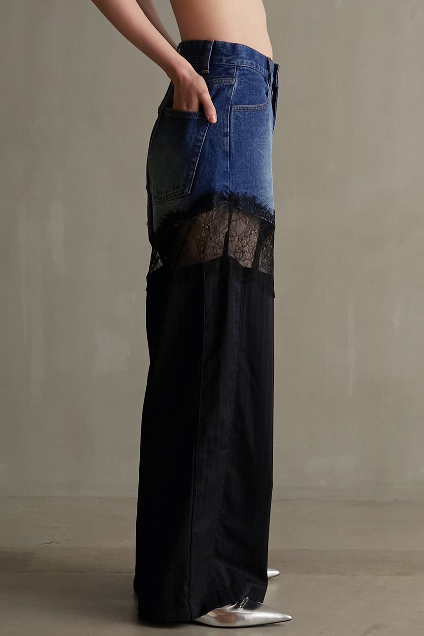 【プランク プロジェクト/PRANK PROJECT】のデニムレースブロッキングパンツ / Denim Lace Blocking Pants 人気、トレンドファッション・服の通販 founy(ファニー) 　ファッション　Fashion　レディースファッション　Fashion for Women　パンツ　Pants & Trousers　デニムパンツ・ジーンズ・美脚デニム　Denim Jeans & Pants　切替　Switching, Contrast Panel　サテン　Satin, Glossy Fabric　シルク　Silk, 100% Silk　ストライプ　Stripe, Striped Pattern　ストレッチ　Stretch, Stretchy Fabric　タイツ　Tights, Legwear　デニム　Denim, Jeans Material　レース　Lace, Lace Fabric　再入荷　Restock / Back in Stock　エレガント 上品　Elegant　other-8|ID: prp329100003478491 ipo3291000000032245218