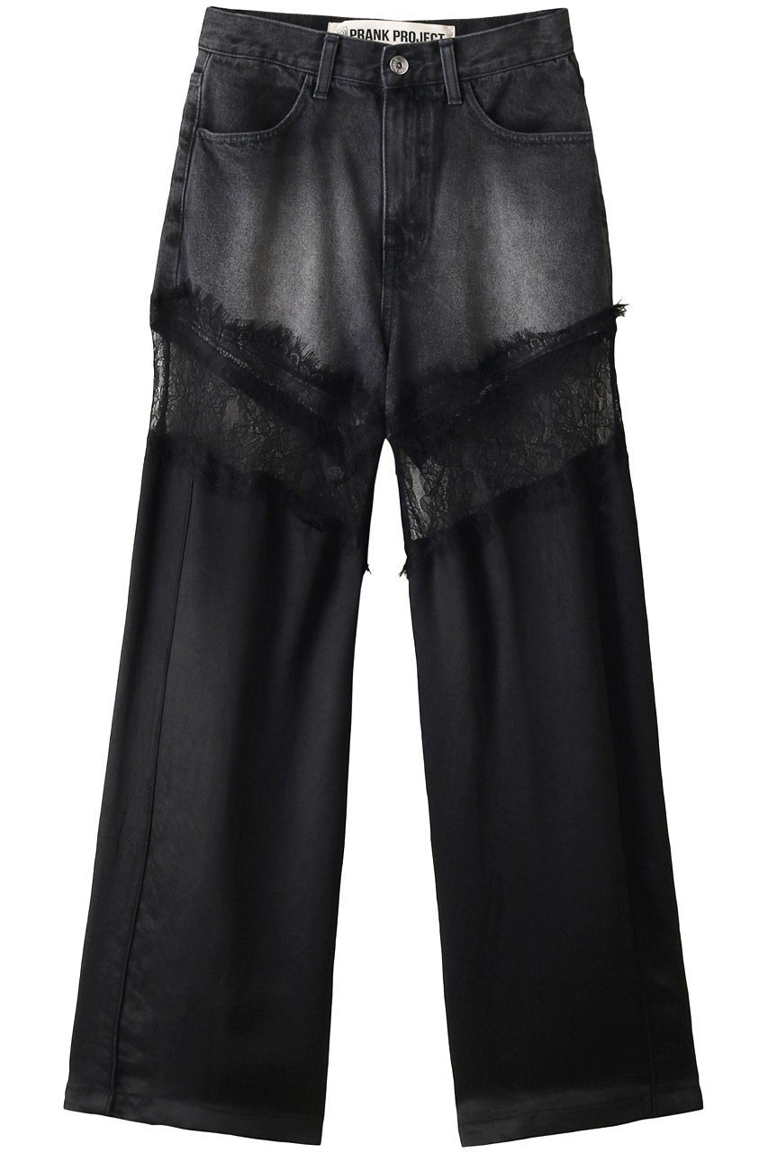 【プランク プロジェクト/PRANK PROJECT】のデニムレースブロッキングパンツ / Denim Lace Blocking Pants インテリア・キッズ・メンズ・レディースファッション・服の通販 founy(ファニー) 　ファッション　Fashion　レディースファッション　Fashion for Women　パンツ　Pants & Trousers　デニムパンツ・ジーンズ・美脚デニム　Denim Jeans & Pants　切替　Switching, Contrast Panel　サテン　Satin, Glossy Fabric　シルク　Silk, 100% Silk　ストライプ　Stripe, Striped Pattern　ストレッチ　Stretch, Stretchy Fabric　タイツ　Tights, Legwear　デニム　Denim, Jeans Material　レース　Lace, Lace Fabric　エレガント 上品　Elegant　BLK(ブラック)|ID: prp329100003478491 ipo3291000000036072900