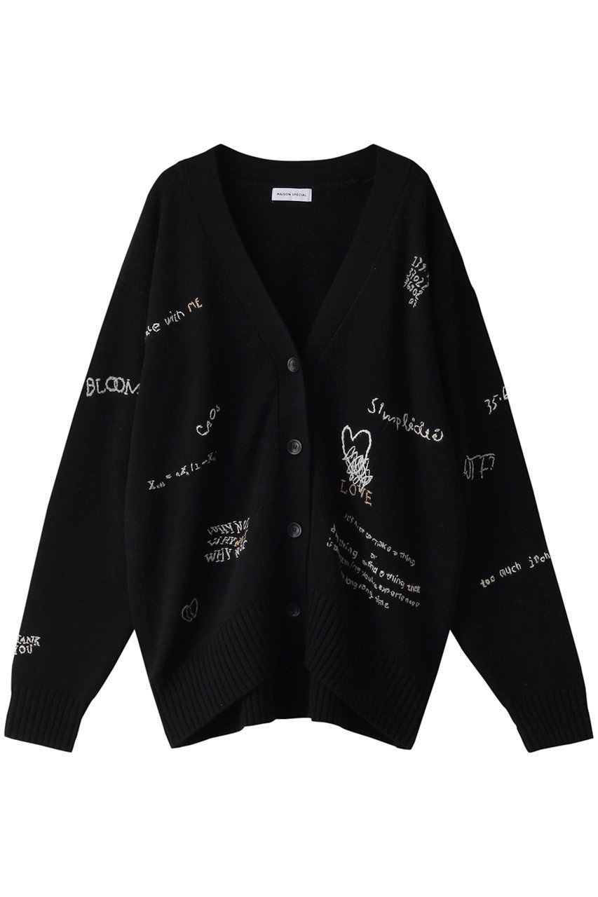 【メゾンスペシャル/MAISON SPECIAL】のライフワードエンブロイダリーニットカーディガン インテリア・キッズ・メンズ・レディースファッション・服の通販 founy(ファニー) 　ファッション　Fashion　レディースファッション　Fashion for Women　トップス・カットソー　Cut & Sew Tops　ニット　Knit Tops & Sweaters　カーディガン・羽織り　Layered Style Cardigans　おすすめ　Recommended / Our Picks　カーディガン　Cardigan, Knitwear　ガーリー　Girly, Feminine Style　モチーフ　Motif, Design Theme　BLK(ブラック)|ID: prp329100003495977 ipo3291000000034909945