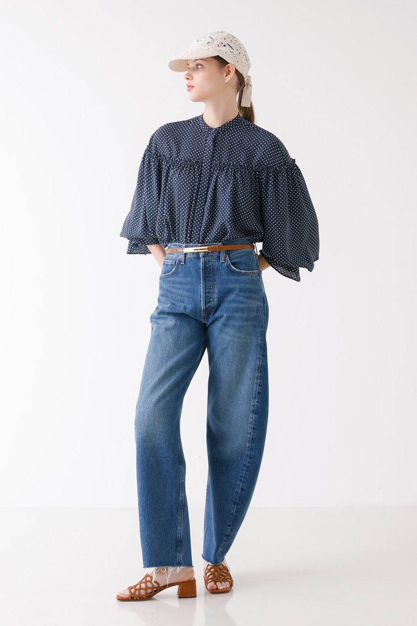 【デザイン ワークス/DESIGN WORKS】のドットプリントブラウス 人気、トレンドファッション・服の通販 founy(ファニー) 　ファッション　Fashion　レディースファッション　Fashion for Women　トップス・カットソー　Cut & Sew Tops　シャツ・ブラウス・オフィスカジュアル　Elegant Blouses & Button-Ups　ギャザー　Gathered, Ruffled　スリーブ　Sleeve, Long Sleeve / Short Sleeve　デニム　Denim, Jeans Material　ドット　Polka Dot, Dot Pattern　フェミニン　Feminine, Girly　プリント　Print, Printed Pattern　ロング　Long, Long-Length　other-6|ID: prp329100003561753 ipo3291000000034955055