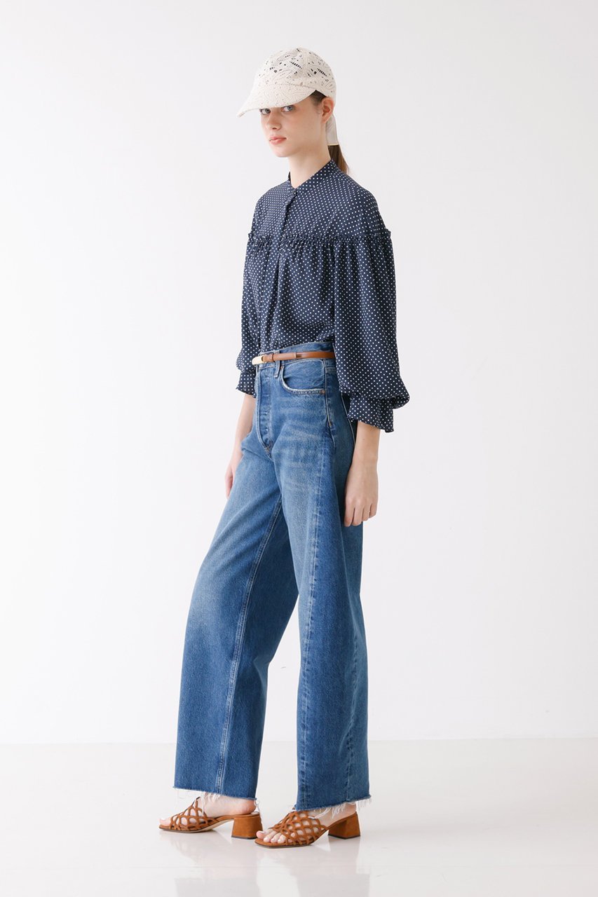 【デザイン ワークス/DESIGN WORKS】のドットプリントブラウス 人気、トレンドファッション・服の通販 founy(ファニー) 　ファッション　Fashion　レディースファッション　Fashion for Women　トップス・カットソー　Cut & Sew Tops　シャツ・ブラウス・オフィスカジュアル　Elegant Blouses & Button-Ups　ギャザー　Gathered, Ruffled　スリーブ　Sleeve, Long Sleeve / Short Sleeve　デニム　Denim, Jeans Material　ドット　Polka Dot, Dot Pattern　フェミニン　Feminine, Girly　プリント　Print, Printed Pattern　ロング　Long, Long-Length　other-7|ID: prp329100003561753 ipo3291000000034955056