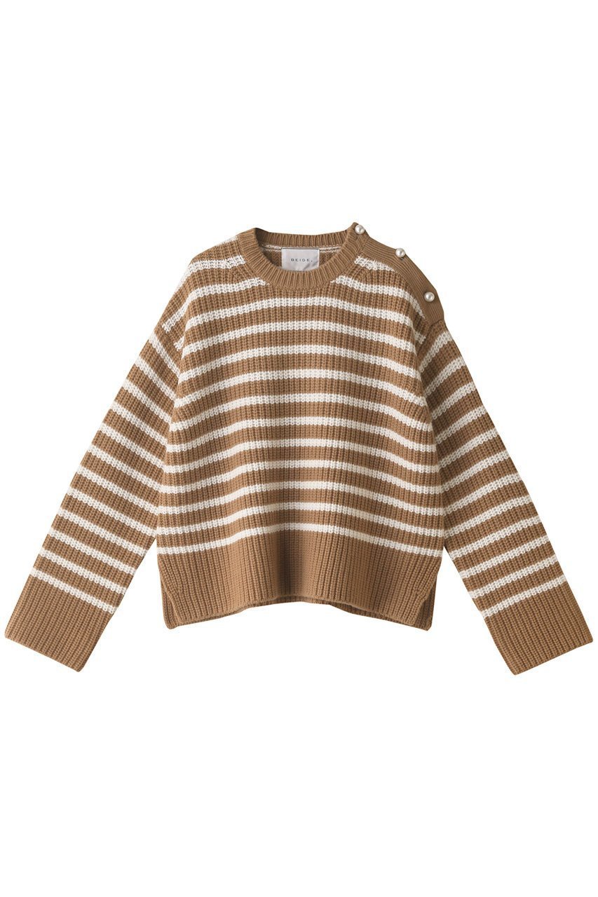 【ベイジ,/BEIGE,】のPONT NEUF(ポン ヌフ)/ボーダーニットトップス インテリア・キッズ・メンズ・レディースファッション・服の通販 founy(ファニー) 　ファッション　Fashion　レディースファッション　WOMEN　トップス・カットソー　Tops/Tshirt　ニット　Knit Tops　プルオーバー　Pullover　スリーブ　Sleeve　パール　Pearl　ボーダー　Border　ロング　Long　A/W・秋冬　Aw・Autumn/Winter・Fw・Fall-Winter　Camel×Ecru|ID: prp329100003624428 ipo3291000000029931443