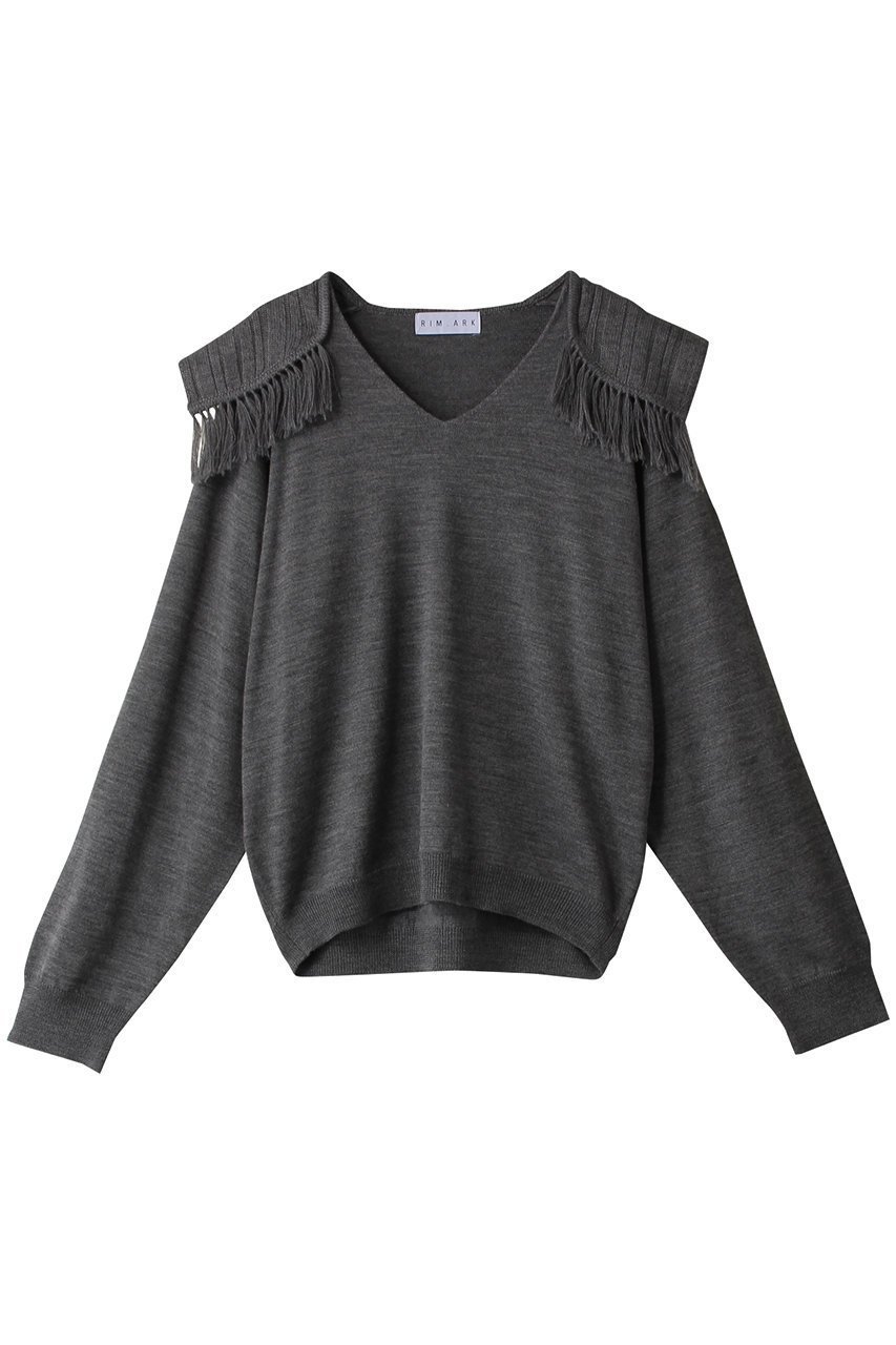 【リムアーク/RIM.ARK】のShoulder design knit tops/ニット インテリア・キッズ・メンズ・レディースファッション・服の通販 founy(ファニー) 　ファッション　Fashion　レディースファッション　WOMEN　トップス・カットソー　Tops/Tshirt　ニット　Knit Tops　プルオーバー　Pullover　シンプル　Simple　ドッキング　Docking　フリンジ　Fringe　ランダム　Random　再入荷　Restock/Back In Stock/Re Arrival　グレー|ID: prp329100003640479 ipo3291000000028260470