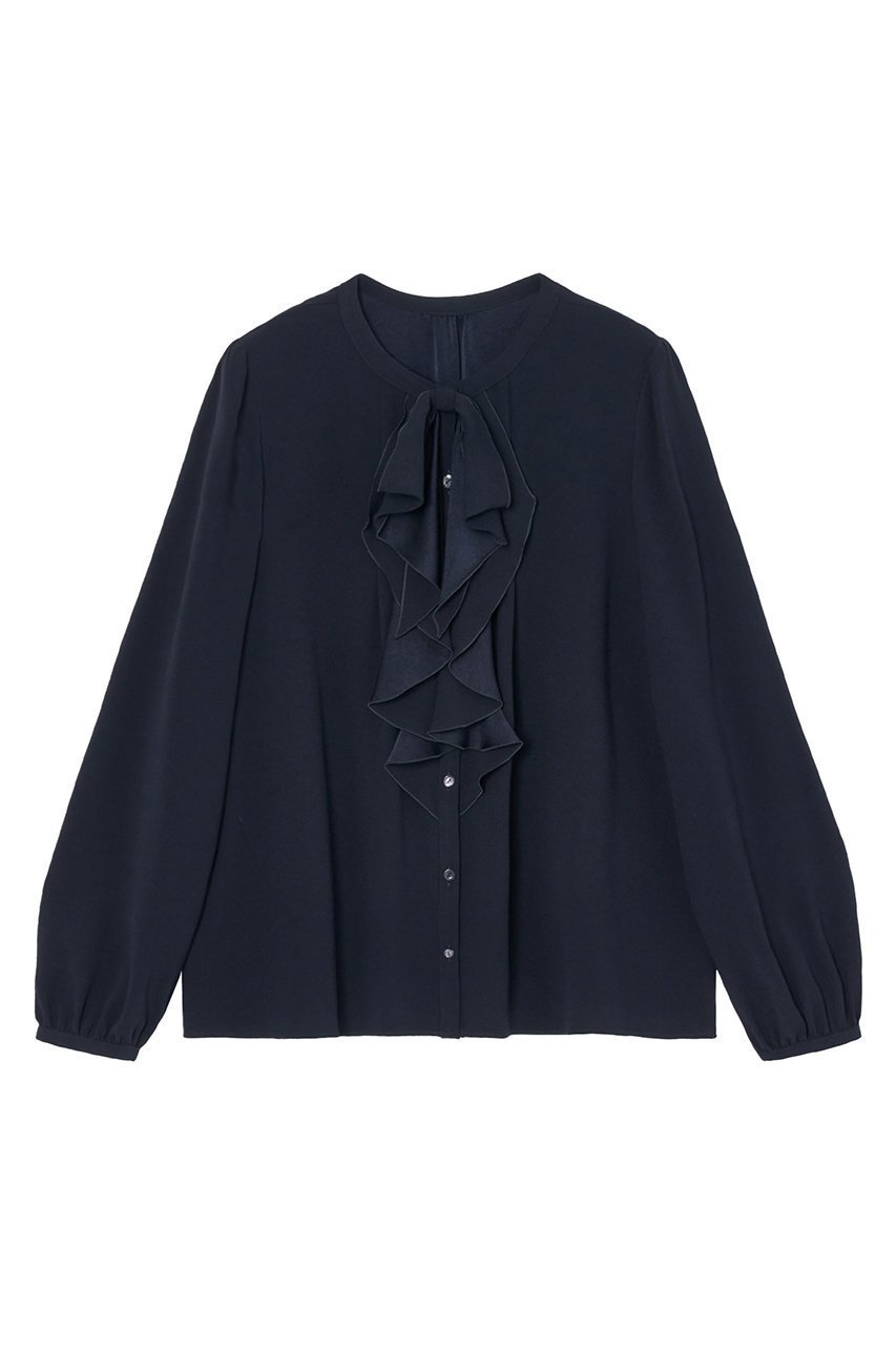 【アナイ/ANAYI】のバックサテンリボンラッフルブラウス インテリア・キッズ・メンズ・レディースファッション・服の通販 founy(ファニー) 　ファッション　Fashion　レディースファッション　Fashion for Women　トップス・カットソー　Cut & Sew Tops　シャツ・ブラウス・オフィスカジュアル　Elegant Blouses & Button-Ups　バッグ　Bags　おすすめ　Recommended / Our Picks　エレガント 上品　Elegant　サテン　Satin, Glossy Fabric　ジャケット　Jacket, Outerwear　スリーブ　Sleeve, Long Sleeve / Short Sleeve　フロント　Front, Front Design　ボトム　Bottoms, Lower Wear　ロング　Long, Long-Length　ネイビー|ID: prp329100003715019 ipo3291000000032924142