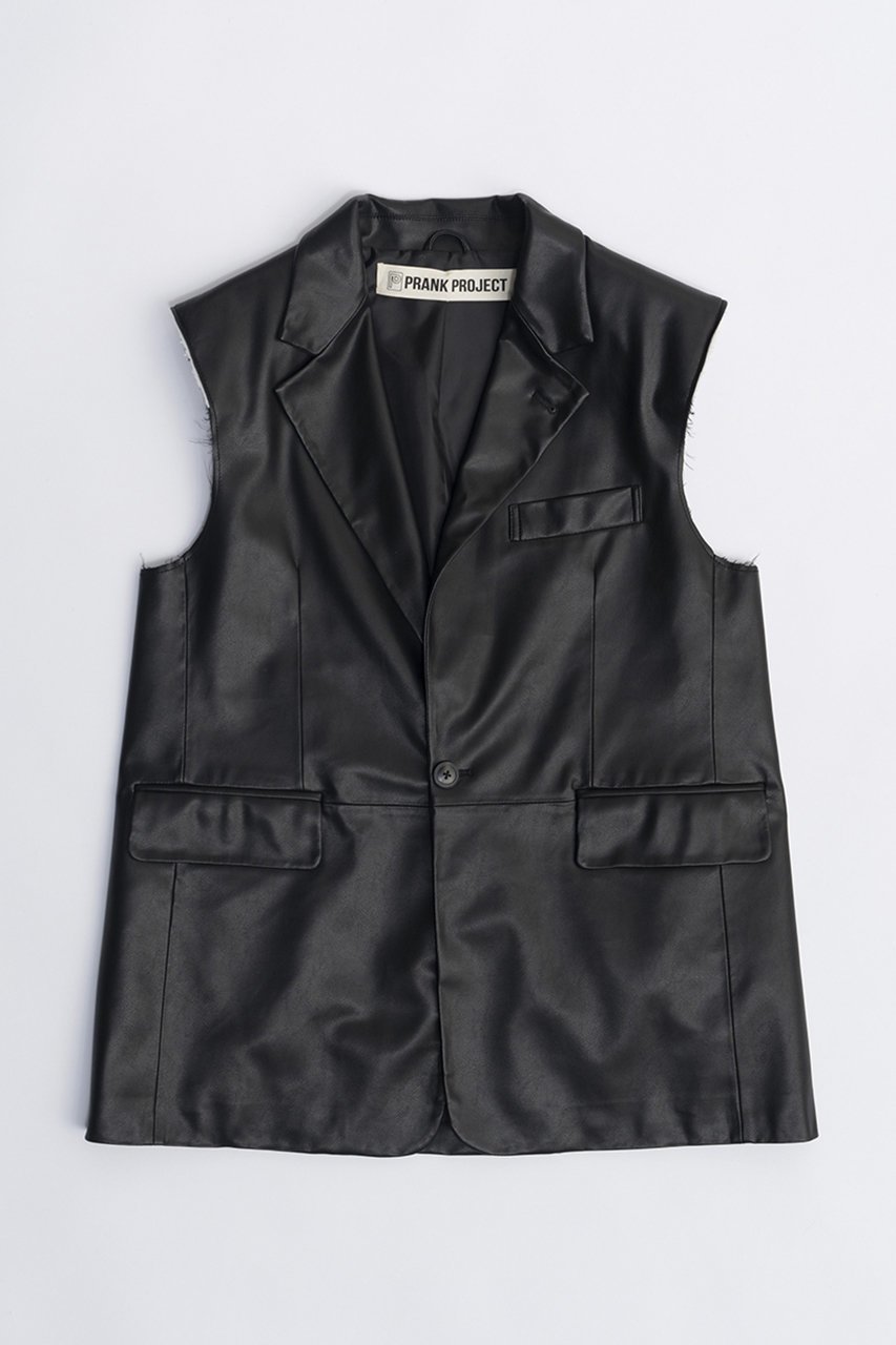 【プランク プロジェクト/PRANK PROJECT】のヴィーガンレザーカットオフジレ / Vegan Leather Cut-off Gilet インテリア・キッズ・メンズ・レディースファッション・服の通販 founy(ファニー) 　ファッション　Fashion　レディースファッション　WOMEN　アウター　Coat Outerwear　ジャケット　Jackets　おすすめ　Recommend　インナー　Inner　オイル　Oil　キャミソール　Camisole　ジャケット　Jacket　バランス　Balance　フェイクレザー　Faux Leather　ベスト　Vest　リアル　Real　レース　Race　ヴィンテージ　Vintage　エレガント 上品　Elegant　BLK(ブラック)|ID: prp329100003757626 ipo3291000000024750477