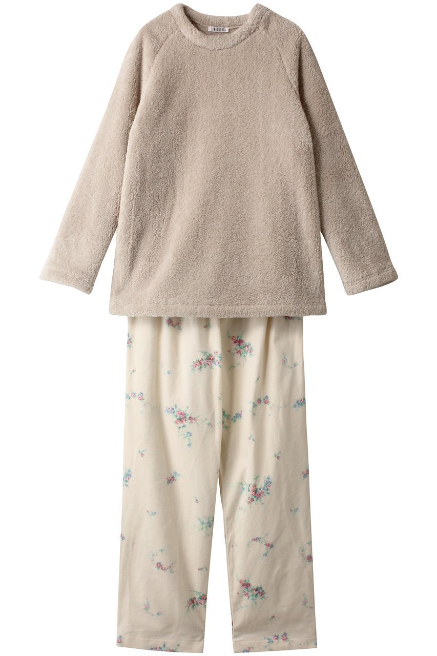 【イクコ/IKUKO】のシープボア&綾ネル花柄プリント パジャマ インテリア・キッズ・メンズ・レディースファッション・服の通販 founy(ファニー) 　ファッション　Fashion　レディースファッション　Fashion for Women　パジャマ　Pajamas, Sleepwear　フォルム　Silhouette, Form　プリント　Print, Printed Pattern　リラックス　Relax, Relaxed Fit　ベージュ×エクリュ|ID: prp329100003850274 ipo3291000000032835230