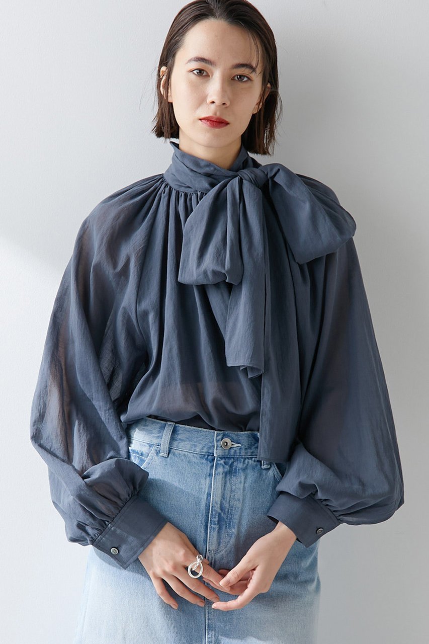 【ウィムガゼット/Whim Gazette】のローンボウタイブラウス インテリア・キッズ・メンズ・レディースファッション・服の通販 founy(ファニー) 　ファッション　Fashion　レディースファッション　Fashion for Women　トップス・カットソー　Cut & Sew Tops　シャツ・ブラウス・オフィスカジュアル　Elegant Blouses & Button-Ups　おすすめ　Recommended / Our Picks　スウェット / スエット　Sweatshirt, Sweatwear　スリーブ　Sleeve, Long Sleeve / Short Sleeve　ハイネック　High Neck, Mock Neck　リボン　Ribbon, Bow　ロング　Long, Long-Length　エレガント 上品　Elegant　再入荷　Restock / Back in Stock　ブルー|ID: prp329100003866152 ipo3291000000034535351