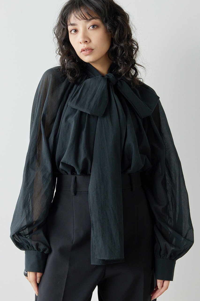 【ウィムガゼット/Whim Gazette】のローンボウタイブラウス インテリア・キッズ・メンズ・レディースファッション・服の通販 founy(ファニー) 　ファッション　Fashion　レディースファッション　Fashion for Women　トップス・カットソー　Cut & Sew Tops　シャツ・ブラウス・オフィスカジュアル　Elegant Blouses & Button-Ups　おすすめ　Recommended / Our Picks　スウェット / スエット　Sweatshirt, Sweatwear　スリーブ　Sleeve, Long Sleeve / Short Sleeve　ハイネック　High Neck, Mock Neck　リボン　Ribbon, Bow　ロング　Long, Long-Length　エレガント 上品　Elegant　再入荷　Restock / Back in Stock　ブラック|ID: prp329100003866152 ipo3291000000034535352