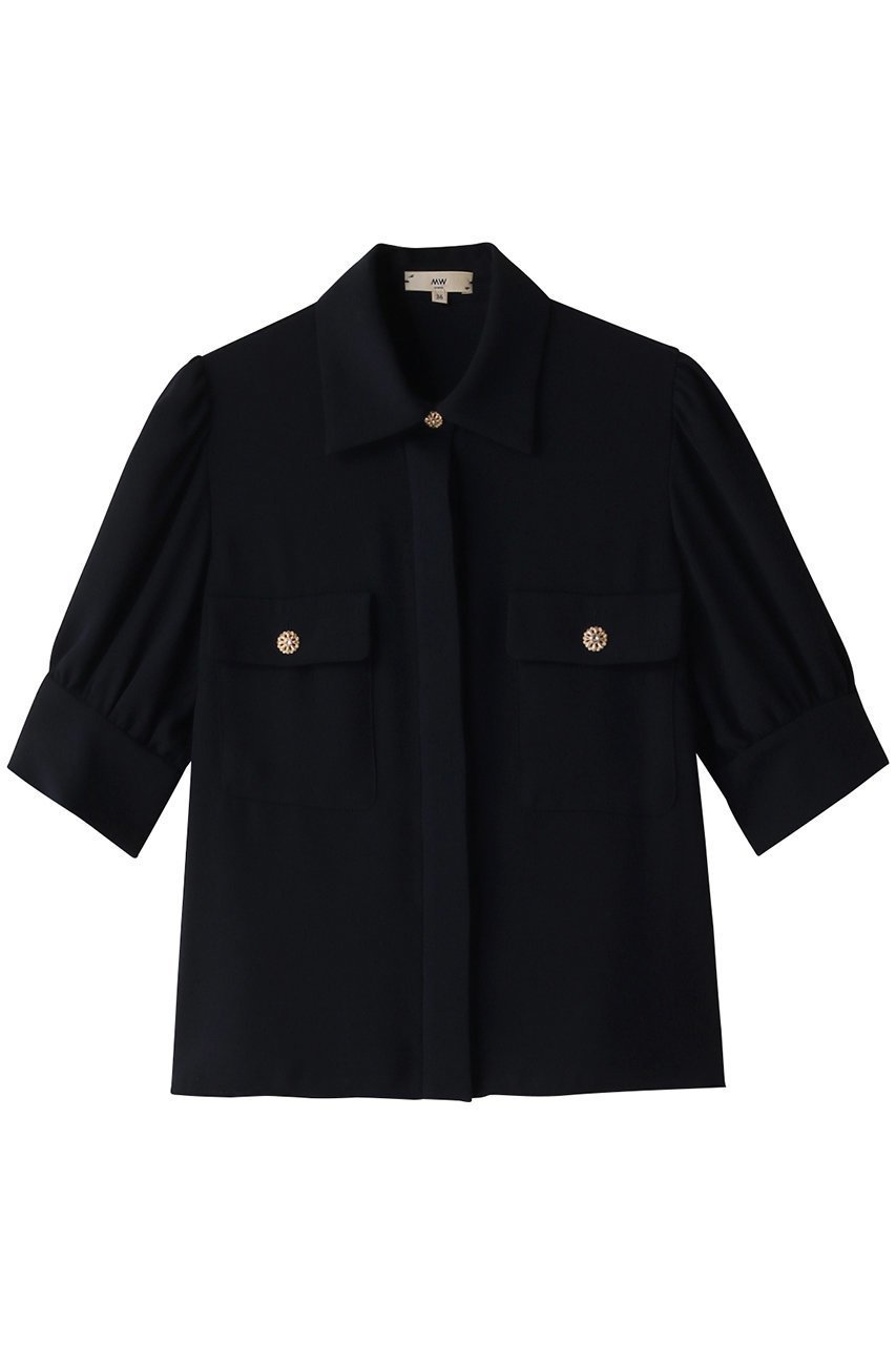 【エムダブリュー/MW】のバックサテン ハーフスリーブビジュー ブラウス インテリア・キッズ・メンズ・レディースファッション・服の通販 founy(ファニー) 　ファッション　Fashion　レディースファッション　Fashion for Women　トップス・カットソー　Cut & Sew Tops　シャツ・ブラウス・オフィスカジュアル　Elegant Blouses & Button-Ups　バッグ　Bags　サテン　Satin, Glossy Fabric　ショート　Short, Short Length　スリーブ　Sleeve, Long Sleeve / Short Sleeve　ダークネイビー|ID: prp329100003876046 ipo3291000000036719916