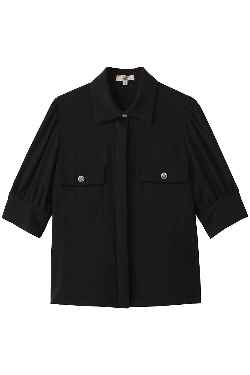 【エムダブリュー/MW】のバックサテン ハーフスリーブビジュー ブラウス インテリア・キッズ・メンズ・レディースファッション・服の通販 founy(ファニー) 　ファッション　Fashion　レディースファッション　Fashion for Women　トップス・カットソー　Cut & Sew Tops　シャツ・ブラウス・オフィスカジュアル　Elegant Blouses & Button-Ups　バッグ　Bags　サテン　Satin, Glossy Fabric　ショート　Short, Short Length　スリーブ　Sleeve, Long Sleeve / Short Sleeve　ブラック|ID: prp329100003876046 ipo3291000000036719917