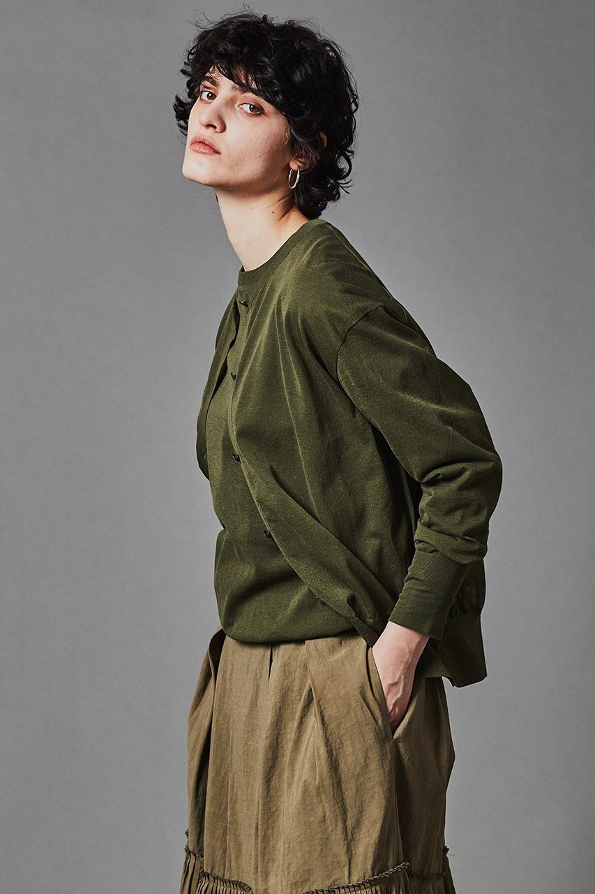 【オブリオ/AUBRIOT】のシアーオーガニックコットン1/70 クルーネックカーディガン インテリア・キッズ・メンズ・レディースファッション・服の通販 founy(ファニー) 　ファッション　Fashion　レディースファッション　Fashion for Women　トップス・カットソー　Cut & Sew Tops　ニット　Knit Tops & Sweaters　カーディガン・羽織り　Layered Style Cardigans　カーディガン　Cardigan, Knitwear　シアー　Sheer, See-Through　ベーシック　Basic, Essential　モダン　Modern, Contemporary　リラックス　Relax, Relaxed Fit　カーキ|ID: prp329100003877465 ipo3291000000032947689