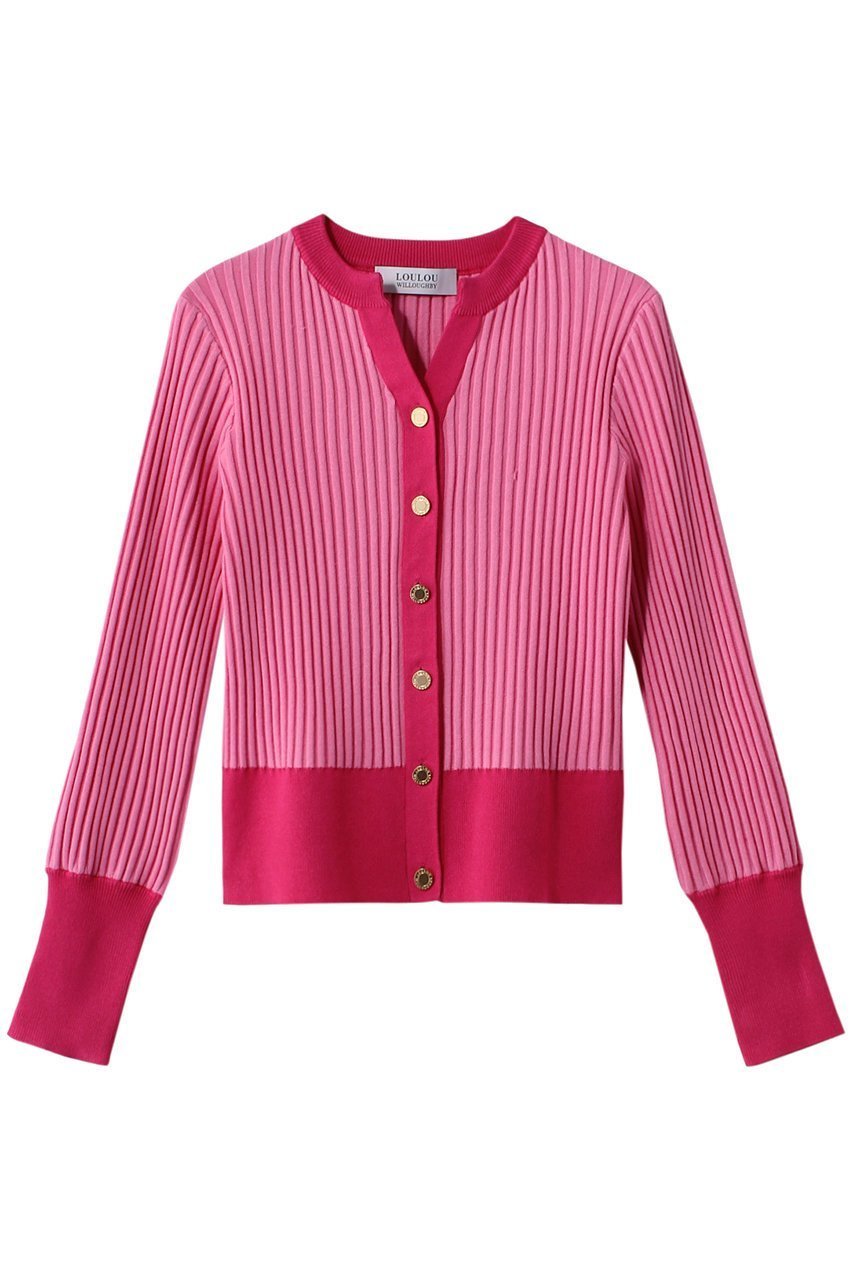 【アルアバイル/allureville】の【Loulou Willoughby】バイカラーキーネックカーディガン インテリア・キッズ・メンズ・レディースファッション・服の通販 founy(ファニー) 　ファッション　Fashion　レディースファッション　Fashion for Women　トップス・カットソー　Cut & Sew Tops　ニット　Knit Tops & Sweaters　カーディガン・羽織り　Layered Style Cardigans　おすすめ　Recommended / Our Picks　カーディガン　Cardigan, Knitwear　ストライプ　Stripe, Striped Pattern　ワイドリブ　Wide Rib, Wide Ribbed Knit　ピンク|ID: prp329100003879388 ipo3291000000032950339