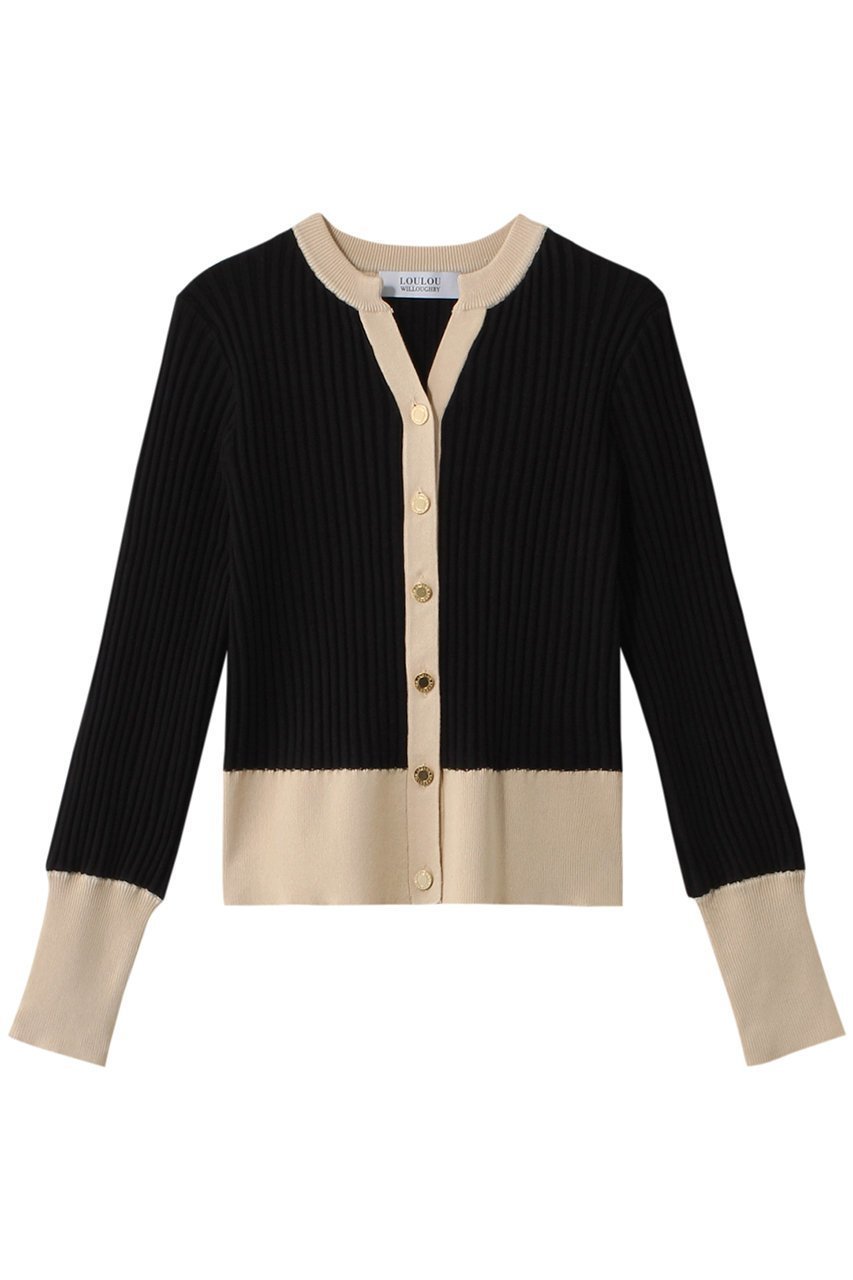 【アルアバイル/allureville】の【Loulou Willoughby】バイカラーキーネックカーディガン インテリア・キッズ・メンズ・レディースファッション・服の通販 founy(ファニー) 　ファッション　Fashion　レディースファッション　Fashion for Women　トップス・カットソー　Cut & Sew Tops　ニット　Knit Tops & Sweaters　カーディガン・羽織り　Layered Style Cardigans　おすすめ　Recommended / Our Picks　カーディガン　Cardigan, Knitwear　ストライプ　Stripe, Striped Pattern　ワイドリブ　Wide Rib, Wide Ribbed Knit　ブラック|ID: prp329100003879388 ipo3291000000032950343