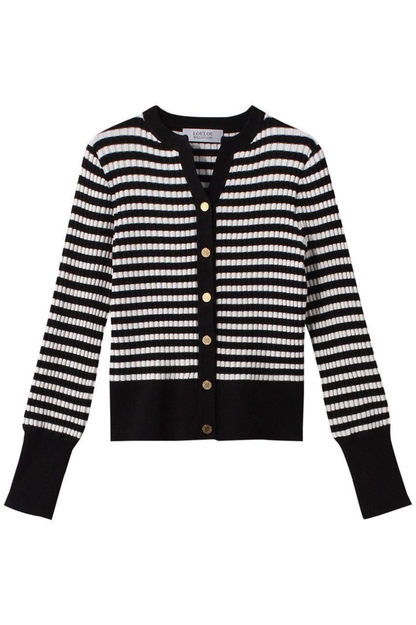 【アルアバイル/allureville】の【Loulou Willoughby】バイカラーキーネックカーディガン インテリア・キッズ・メンズ・レディースファッション・服の通販 founy(ファニー) 　ファッション　Fashion　レディースファッション　Fashion for Women　トップス・カットソー　Cut & Sew Tops　ニット　Knit Tops & Sweaters　カーディガン・羽織り　Layered Style Cardigans　おすすめ　Recommended / Our Picks　カーディガン　Cardigan, Knitwear　ストライプ　Stripe, Striped Pattern　ワイドリブ　Wide Rib, Wide Ribbed Knit　ブラック系|ID: prp329100003879388 ipo3291000000032950349