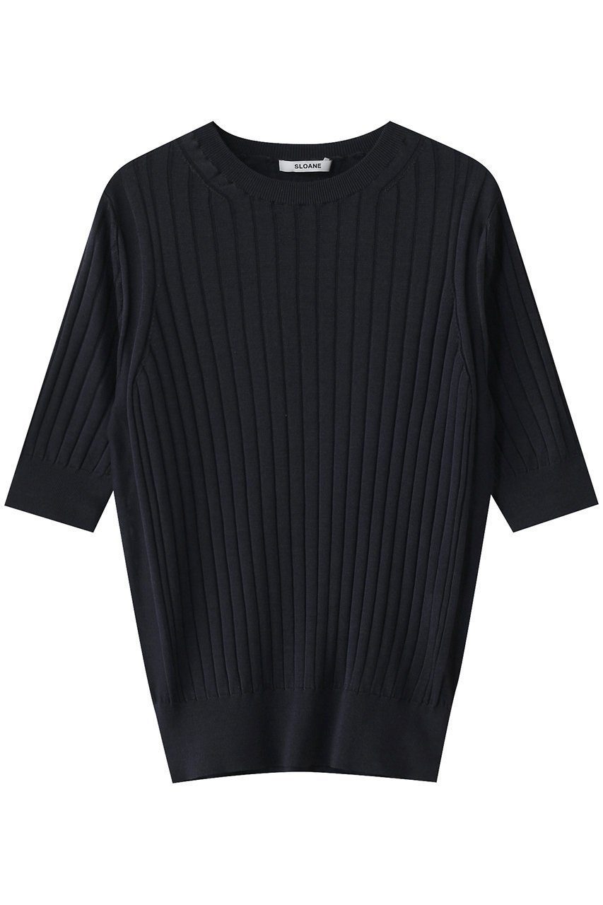 【スローン/SLOANE】の18Gワイドリブ シルク 5分袖クルーネック インテリア・キッズ・メンズ・レディースファッション・服の通販 founy(ファニー) 　ファッション　Fashion　レディースファッション　Fashion for Women　トップス・カットソー　Cut & Sew Tops　ニット　Knit Tops & Sweaters　カジュアルプルオーバー・ニットトップス　Pullovers & Knit Tops / Casual Pullovers　シルク　Silk, 100% Silk　シンプル　Simple, Minimal　ワイドリブ　Wide Rib, Wide Ribbed Knit　エレガント 上品　Elegant　ネイビー|ID: prp329100003882658 ipo3291000000032944327