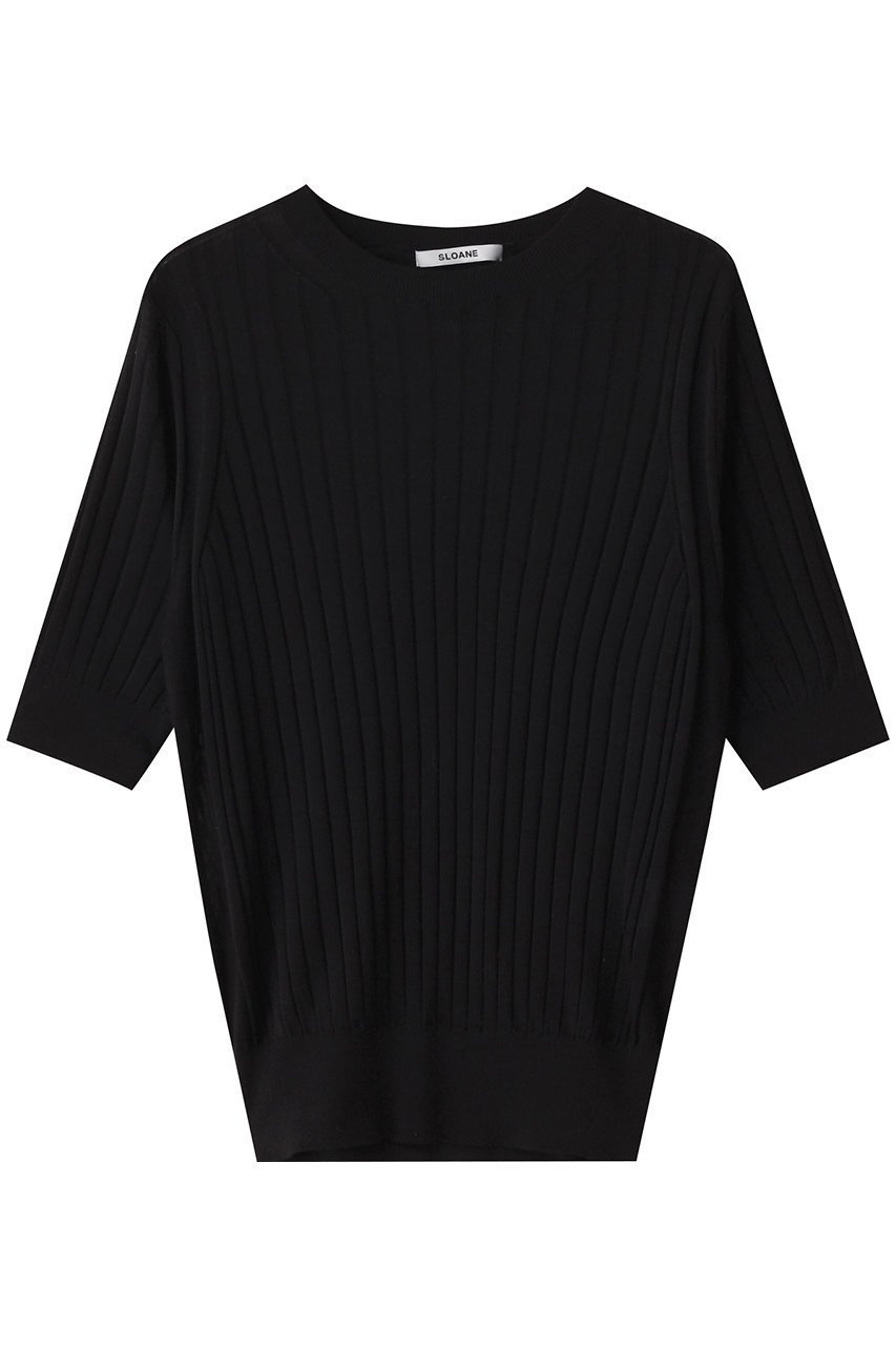 【スローン/SLOANE】の18Gワイドリブ シルク 5分袖クルーネック インテリア・キッズ・メンズ・レディースファッション・服の通販 founy(ファニー) 　ファッション　Fashion　レディースファッション　Fashion for Women　トップス・カットソー　Cut & Sew Tops　ニット　Knit Tops & Sweaters　カジュアルプルオーバー・ニットトップス　Pullovers & Knit Tops / Casual Pullovers　シルク　Silk, 100% Silk　シンプル　Simple, Minimal　ワイドリブ　Wide Rib, Wide Ribbed Knit　エレガント 上品　Elegant　ブラック|ID: prp329100003882658 ipo3291000000032944337