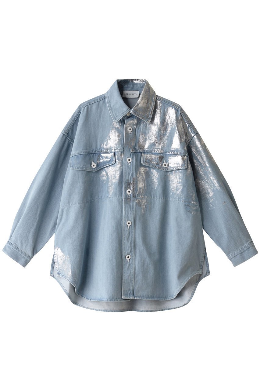 【ヒューエルミュージアム/hueLe Museum】の【STUMBLY】シルバーホイルプリンテッドデニムシャツ インテリア・キッズ・メンズ・レディースファッション・服の通販 founy(ファニー) 　ファッション　Fashion　レディースファッション　Fashion for Women　トップス・カットソー　Cut & Sew Tops　シャツ・ブラウス・オフィスカジュアル　Elegant Blouses & Button-Ups　スリーブ　Sleeve, Long Sleeve / Short Sleeve　デニム　Denim, Jeans Material　パターン　Pattern, Design Print　プリント　Print, Printed Pattern　ロング　Long, Long-Length　ブルー|ID: prp329100003892495 ipo3291000000035823840
