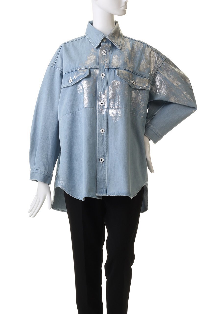 【ヒューエルミュージアム/hueLe Museum】の【STUMBLY】シルバーホイルプリンテッドデニムシャツ 人気、トレンドファッション・服の通販 founy(ファニー) 　ファッション　Fashion　レディースファッション　Fashion for Women　トップス・カットソー　Cut & Sew Tops　シャツ・ブラウス・オフィスカジュアル　Elegant Blouses & Button-Ups　スリーブ　Sleeve, Long Sleeve / Short Sleeve　デニム　Denim, Jeans Material　パターン　Pattern, Design Print　プリント　Print, Printed Pattern　ロング　Long, Long-Length　other-2|ID: prp329100003892495 ipo3291000000036725626