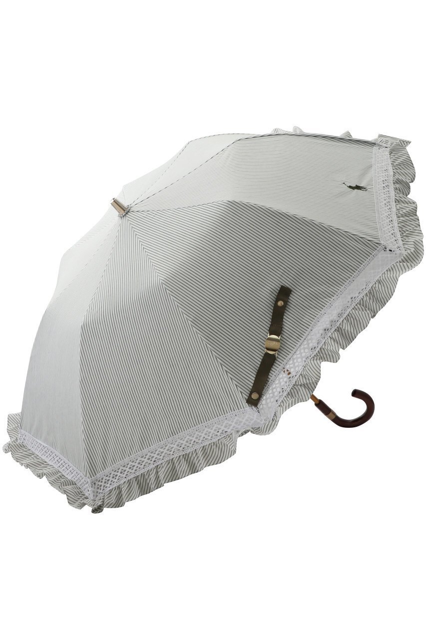 【ポロラルフローレン/POLO RALPH LAUREN】の晴雨兼用 先染めストライプ×フリル楽折傘 インテリア・キッズ・メンズ・レディースファッション・服の通販 founy(ファニー) 　ファッション　Fashion　レディースファッション　Fashion for Women　レイングッズ・傘・晴雨兼用傘　Umbrellas & Rain Gear　ウッド　Wooden Design　ストライプ　Stripe, Striped Pattern　ハンカチ　Handkerchief, Hanky　フリル　Frill, Ruffle　傘　Umbrella, Parasol　夏　Summer　時計　Watch, Wristwatch　カーキー|ID: prp329100003899197 ipo3291000000032803082