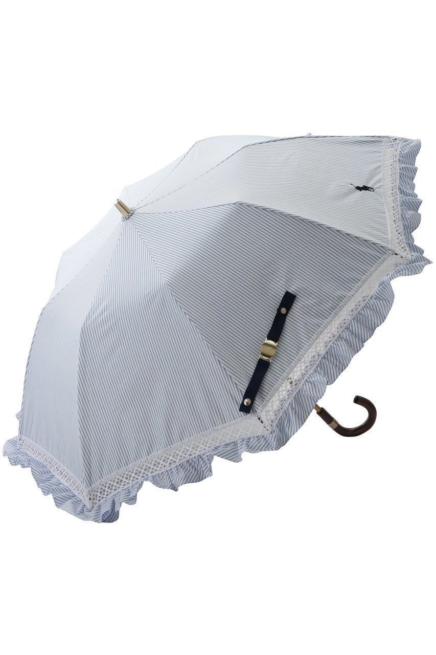 【ポロラルフローレン/POLO RALPH LAUREN】の晴雨兼用 先染めストライプ×フリル楽折傘 インテリア・キッズ・メンズ・レディースファッション・服の通販 founy(ファニー) 　ファッション　Fashion　レディースファッション　Fashion for Women　レイングッズ・傘・晴雨兼用傘　Umbrellas & Rain Gear　ウッド　Wooden Design　ストライプ　Stripe, Striped Pattern　ハンカチ　Handkerchief, Hanky　フリル　Frill, Ruffle　傘　Umbrella, Parasol　夏　Summer　時計　Watch, Wristwatch　スカイブルー|ID: prp329100003899197 ipo3291000000032803083