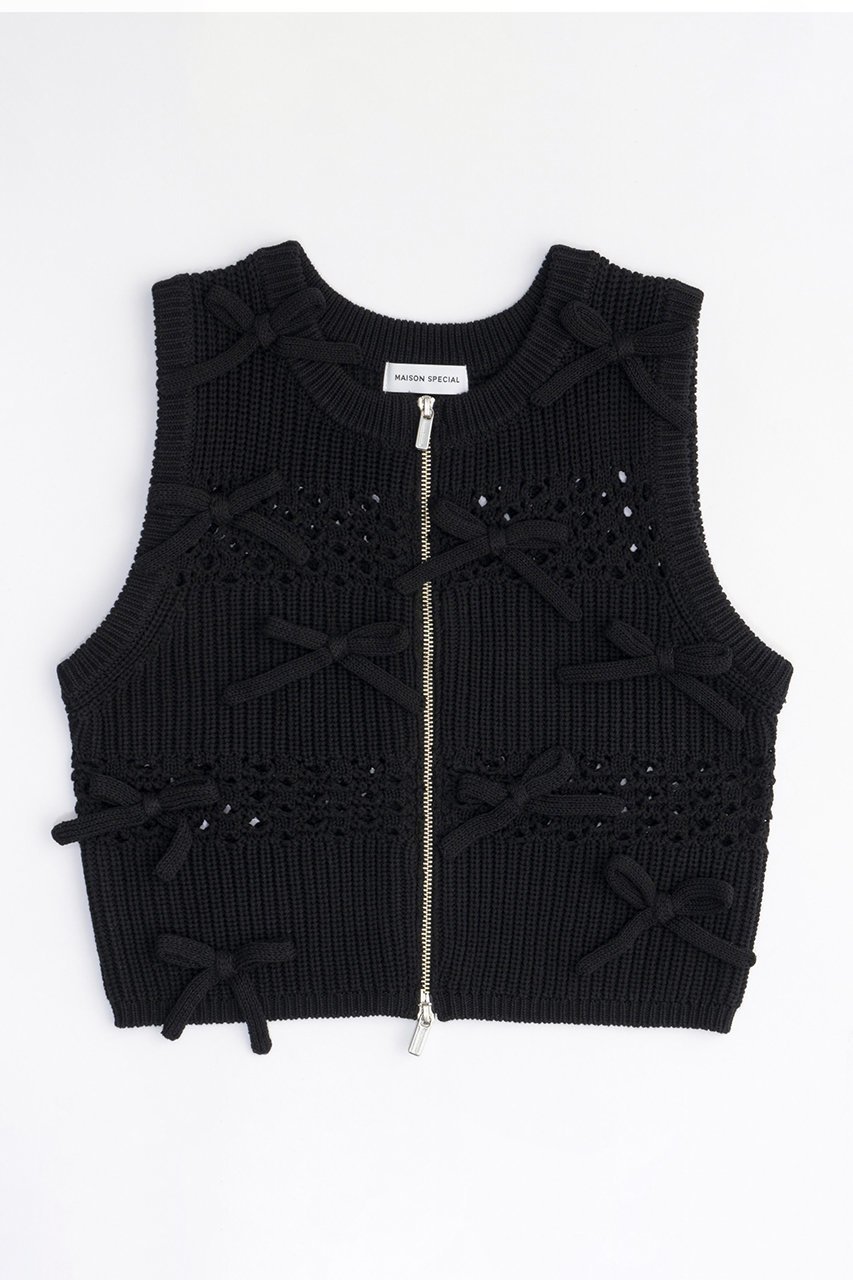 【メゾンスペシャル/MAISON SPECIAL】のSo Many Ribbons Vest/メニーメニーリボンベスト インテリア・キッズ・メンズ・レディースファッション・服の通販 founy(ファニー) 　ファッション　Fashion　レディースファッション　Fashion for Women　アウター　Coat / Outerwear Collection　トップス・カットソー　Cut & Sew Tops　キャミソール&ノースリーブ　Camisoles & Sleeveless Tops　シャツ・ブラウス・オフィスカジュアル　Elegant Blouses & Button-Ups　ベスト&ジレ / 重ね着スタイル　Vests & Gilets　アクリル　Acrylic Material　タンク　Tank Top, Sleeveless Top　トレンド　Trend, Trending Now　ノースリーブ　Sleeveless, No-Sleeve　ベスト　Vest, Waistcoat　ボーダー　Border, Stripe　ランダム　Random, Irregular　リボン　Ribbon, Bow　ロング　Long, Long-Length　BLK(ブラック)|ID: prp329100003909932 ipo3291000000032910343