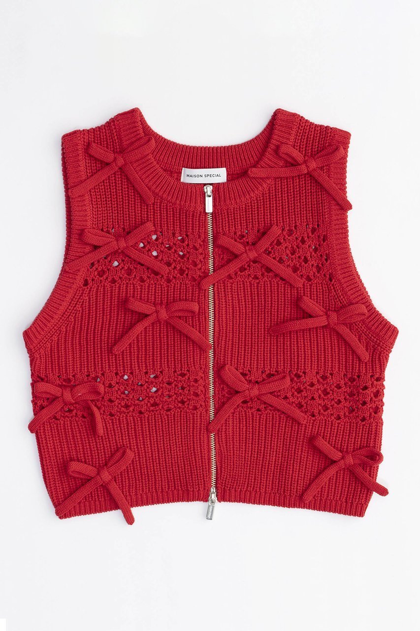 【メゾンスペシャル/MAISON SPECIAL】のSo Many Ribbons Vest/メニーメニーリボンベスト インテリア・キッズ・メンズ・レディースファッション・服の通販 founy(ファニー) 　ファッション　Fashion　レディースファッション　Fashion for Women　アウター　Coat / Outerwear Collection　トップス・カットソー　Cut & Sew Tops　キャミソール&ノースリーブ　Camisoles & Sleeveless Tops　シャツ・ブラウス・オフィスカジュアル　Elegant Blouses & Button-Ups　ベスト&ジレ / 重ね着スタイル　Vests & Gilets　アクリル　Acrylic Material　タンク　Tank Top, Sleeveless Top　トレンド　Trend, Trending Now　ノースリーブ　Sleeveless, No-Sleeve　ベスト　Vest, Waistcoat　ボーダー　Border, Stripe　ランダム　Random, Irregular　リボン　Ribbon, Bow　ロング　Long, Long-Length　RED(レッド)|ID: prp329100003909932 ipo3291000000032910349