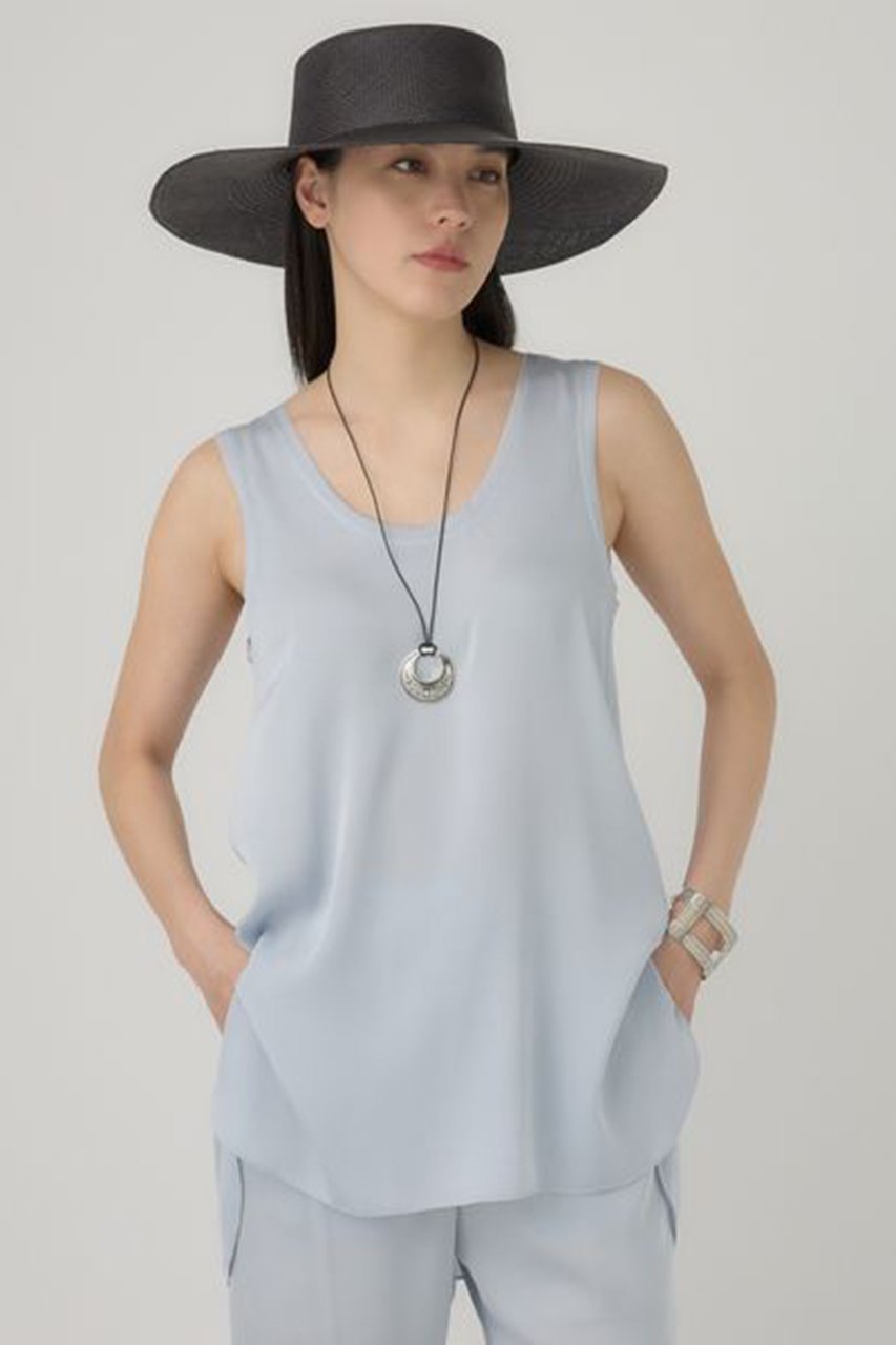 【カオス/Chaos】のシルシャーノースリーブ インテリア・キッズ・メンズ・レディースファッション・服の通販 founy(ファニー) 　ファッション　Fashion　レディースファッション　Fashion for Women　トップス・カットソー　Cut & Sew Tops　キャミソール&ノースリーブ　Camisoles & Sleeveless Tops　シャツ・ブラウス・オフィスカジュアル　Elegant Blouses & Button-Ups　サテン　Satin, Glossy Fabric　シンプル　Simple, Minimal　ジョーゼット　Georgette, Semi-Sheer Fabric　ストレッチ　Stretch, Stretchy Fabric　ノースリーブ　Sleeveless, No-Sleeve　フリル　Frill, Ruffle　エレガント 上品　Elegant　夏　Summer　サックス|ID: prp329100003915428 ipo3291000000032910042
