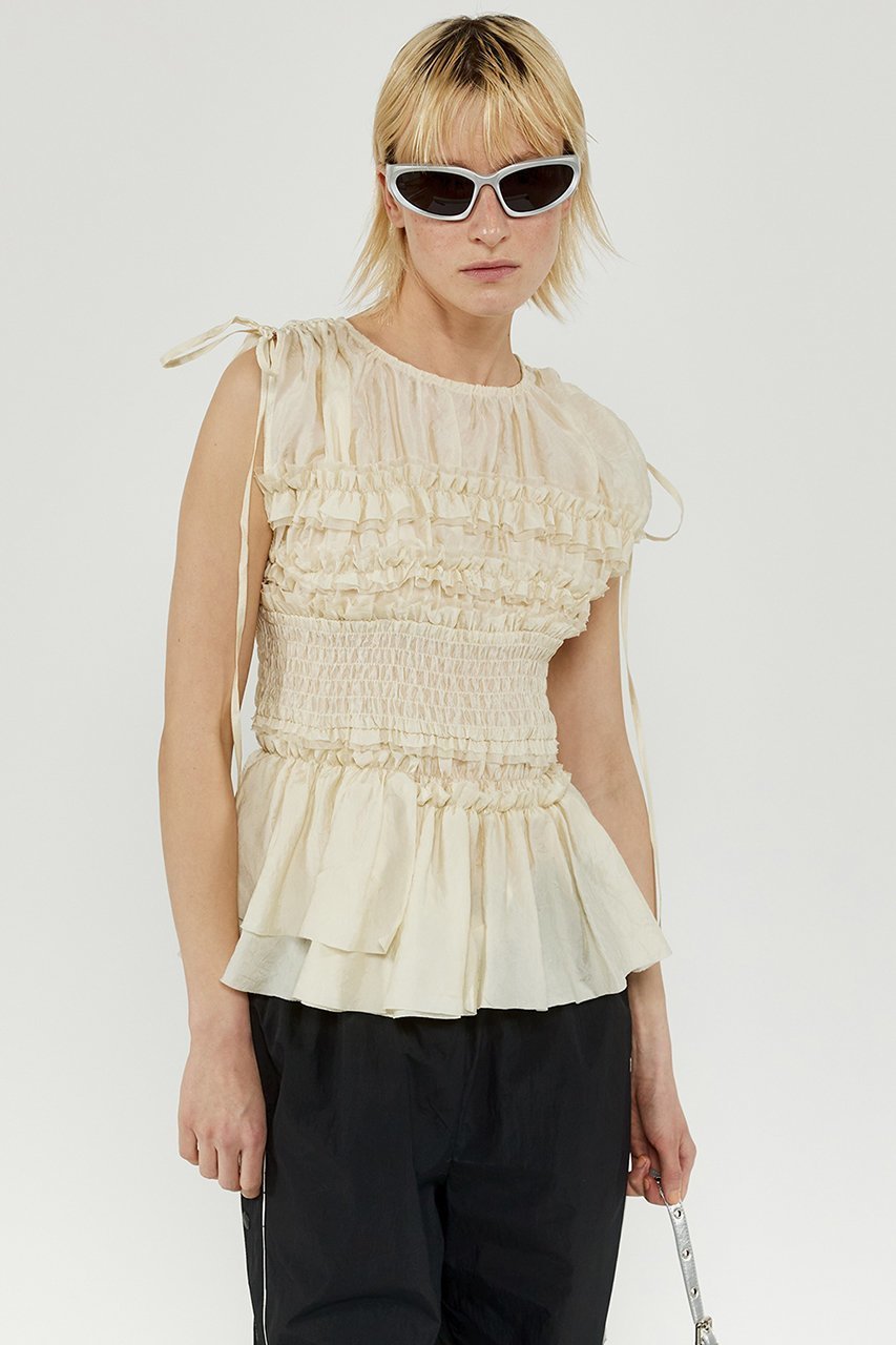 【メゾンスペシャル/MAISON SPECIAL】のShirring Frills Top/シャーリングフリルトップ 人気、トレンドファッション・服の通販 founy(ファニー) 　ファッション　Fashion　レディースファッション　Fashion for Women　トップス・カットソー　Cut & Sew Tops　キャミソール&ノースリーブ　Camisoles & Sleeveless Tops　シャツ・ブラウス・オフィスカジュアル　Elegant Blouses & Button-Ups　サテン　Satin, Glossy Fabric　シフォン　Chiffon, Lightweight Fabric　シャーリング　Shirring, Ruched　トレンド　Trend, Trending Now　ノースリーブ　Sleeveless, No-Sleeve　バランス　Balance, Style Balance　フリル　Frill, Ruffle　夏　Summer　other-7|ID: prp329100003917313 ipo3291000000032908353