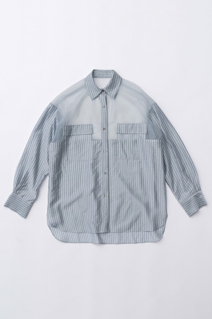【メゾンスペシャル/MAISON SPECIAL】のTulle Docking Sheer Oversized Shirt/チュールドッキングシアーオーバーシャツ インテリア・キッズ・メンズ・レディースファッション・服の通販 founy(ファニー) 　ファッション　Fashion　レディースファッション　Fashion for Women　トップス・カットソー　Cut & Sew Tops　シャツ・ブラウス・オフィスカジュアル　Elegant Blouses & Button-Ups　おすすめ　Recommended / Our Picks　インナー　Innerwear　キャミソール　Camisole, Spaghetti Strap Top　コンビ　Combo, Combination Style　シアー　Sheer, See-Through　スリーブ　Sleeve, Long Sleeve / Short Sleeve　チュール　Tulip, Tulip Motif　ドッキング　Docking, Mixed Material　ロング　Long, Long-Length　エレガント 上品　Elegant　夏　Summer　旅行　Travel　羽織　Haori, Light Jacket　BLU(ブルー)|ID: prp329100003917314 ipo3291000000032911160