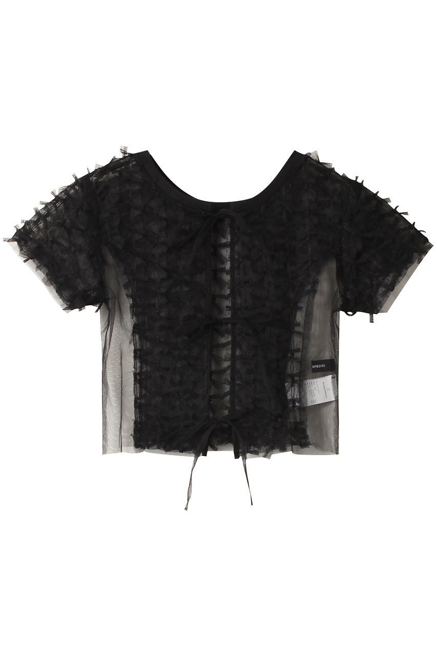 【メゾンスペシャル/MAISON SPECIAL】の2way Tulle Ribbon Tops/2WAYチュールリボントップス インテリア・キッズ・メンズ・レディースファッション・服の通販 founy(ファニー) 　ファッション　Fashion　レディースファッション　Fashion for Women　トップス・カットソー　Cut & Sew Tops　シャツ・ブラウス・オフィスカジュアル　Elegant Blouses & Button-Ups　コンパクト　Compact, Small Size　ショート　Short, Short Length　スリーブ　Sleeve, Long Sleeve / Short Sleeve　チュール　Tulip, Tulip Motif　デニム　Denim, Jeans Material　ドッキング　Docking, Mixed Material　無地　Plain, Solid Color　BLK(ブラック)|ID: prp329100003917315 ipo3291000000032908362
