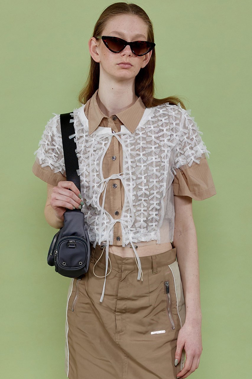 【メゾンスペシャル/MAISON SPECIAL】の2way Tulle Ribbon Tops/2WAYチュールリボントップス 人気、トレンドファッション・服の通販 founy(ファニー) 　ファッション　Fashion　レディースファッション　Fashion for Women　トップス・カットソー　Cut & Sew Tops　シャツ・ブラウス・オフィスカジュアル　Elegant Blouses & Button-Ups　コンパクト　Compact, Small Size　ショート　Short, Short Length　スリーブ　Sleeve, Long Sleeve / Short Sleeve　チュール　Tulip, Tulip Motif　デニム　Denim, Jeans Material　ドッキング　Docking, Mixed Material　無地　Plain, Solid Color　other-8|ID: prp329100003917315 ipo3291000000032908386