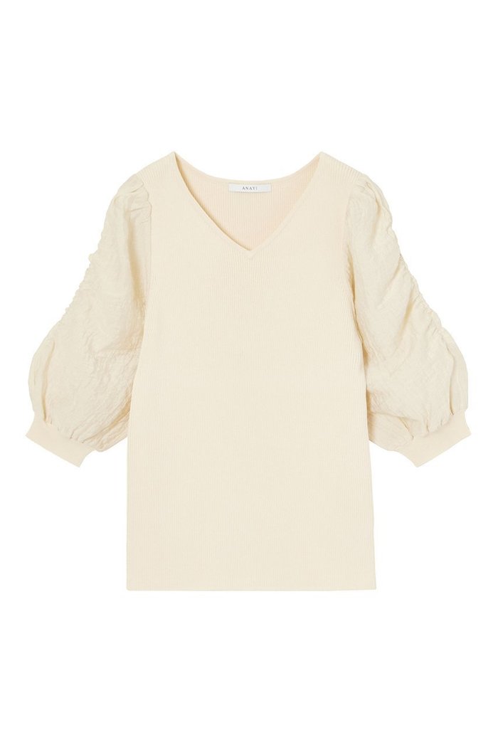 【アナイ/ANAYI】の袖タック浅Vネックプルオーバー インテリア・キッズ・メンズ・レディースファッション・服の通販 founy(ファニー) https://founy.com/ ファッション Fashion レディースファッション Fashion for Women トップス・カットソー Cut & Sew Tops ニット Knit Tops & Sweaters カジュアルプルオーバー・ニットトップス Pullovers & Knit Tops / Casual Pullovers Vネックトップス V-Neck Tops / V-Cut Neckline Shirts ギャザー Gathered, Ruffled コンビ Combo, Combination Style ボトム Bottoms, Lower Wear エレガント 上品 Elegant 半袖 Short Sleeve, Half Sleeve |ID: prp329100003918582 ipo3291000000032948323