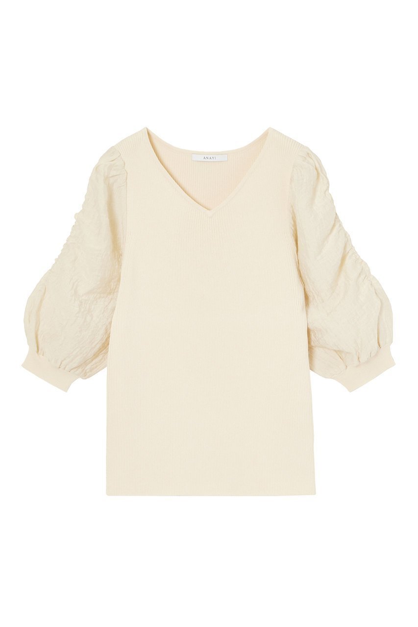 【アナイ/ANAYI】の袖タック浅Vネックプルオーバー インテリア・キッズ・メンズ・レディースファッション・服の通販 founy(ファニー) 　ファッション　Fashion　レディースファッション　Fashion for Women　トップス・カットソー　Cut & Sew Tops　ニット　Knit Tops & Sweaters　カジュアルプルオーバー・ニットトップス　Pullovers & Knit Tops / Casual Pullovers　Vネックトップス　V-Neck Tops / V-Cut Neckline Shirts　ギャザー　Gathered, Ruffled　コンビ　Combo, Combination Style　ボトム　Bottoms, Lower Wear　エレガント 上品　Elegant　半袖　Short Sleeve, Half Sleeve　ベージュ|ID: prp329100003918582 ipo3291000000032948328