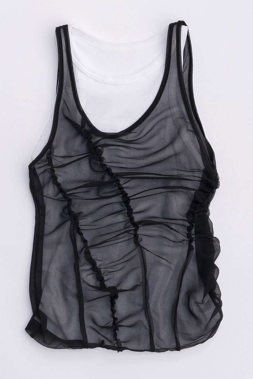 【メゾンスペシャル/MAISON SPECIAL】のSheer Drape layered Tank Top/シアードレープレイヤータンク インテリア・キッズ・メンズ・レディースファッション・服の通販 founy(ファニー) 　ファッション　Fashion　レディースファッション　Fashion for Women　トップス・カットソー　Cut & Sew Tops　キャミソール&ノースリーブ　Camisoles & Sleeveless Tops　シャツ・ブラウス・オフィスカジュアル　Elegant Blouses & Button-Ups　ロングTシャツ・Tシャツ　Longline T-Shirts & Tees　カットソー・ベーシックTシャツ　Cut-and-Sewn Tops / Stretch Tees & Basics　キャミソール　Camisole, Spaghetti Strap Top　シアー　Sheer, See-Through　シャーリング　Shirring, Ruched　タンク　Tank Top, Sleeveless Top　BLK(ブラック)|ID: prp329100003921184 ipo3291000000035791970