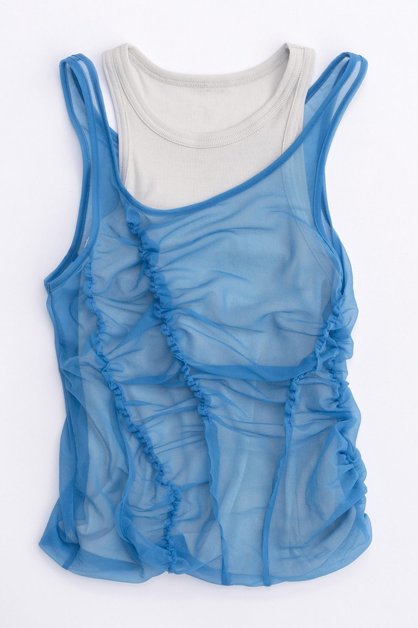 【メゾンスペシャル/MAISON SPECIAL】のSheer Drape layered Tank Top/シアードレープレイヤータンク インテリア・キッズ・メンズ・レディースファッション・服の通販 founy(ファニー) 　ファッション　Fashion　レディースファッション　Fashion for Women　トップス・カットソー　Cut & Sew Tops　キャミソール&ノースリーブ　Camisoles & Sleeveless Tops　シャツ・ブラウス・オフィスカジュアル　Elegant Blouses & Button-Ups　ロングTシャツ・Tシャツ　Longline T-Shirts & Tees　カットソー・ベーシックTシャツ　Cut-and-Sewn Tops / Stretch Tees & Basics　キャミソール　Camisole, Spaghetti Strap Top　シアー　Sheer, See-Through　シャーリング　Shirring, Ruched　タンク　Tank Top, Sleeveless Top　T.BLU(ターコイズブルー)|ID: prp329100003921184 ipo3291000000035791976