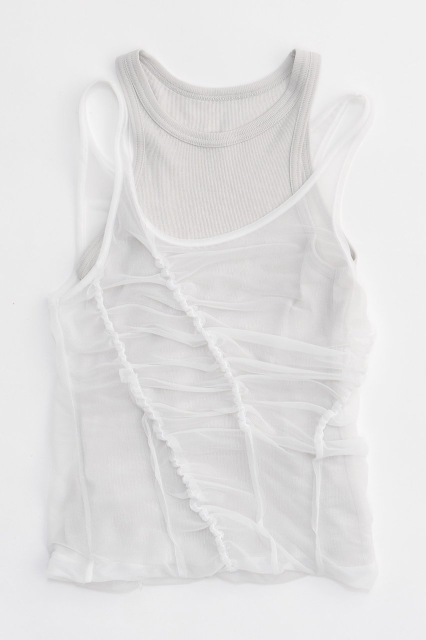 【メゾンスペシャル/MAISON SPECIAL】のSheer Drape layered Tank Top/シアードレープレイヤータンク インテリア・キッズ・メンズ・レディースファッション・服の通販 founy(ファニー) 　ファッション　Fashion　レディースファッション　Fashion for Women　トップス・カットソー　Cut & Sew Tops　キャミソール&ノースリーブ　Camisoles & Sleeveless Tops　シャツ・ブラウス・オフィスカジュアル　Elegant Blouses & Button-Ups　ロングTシャツ・Tシャツ　Longline T-Shirts & Tees　カットソー・ベーシックTシャツ　Cut-and-Sewn Tops / Stretch Tees & Basics　キャミソール　Camisole, Spaghetti Strap Top　シアー　Sheer, See-Through　シャーリング　Shirring, Ruched　タンク　Tank Top, Sleeveless Top　WHT(ホワイト)|ID: prp329100003921184 ipo3291000000035791977