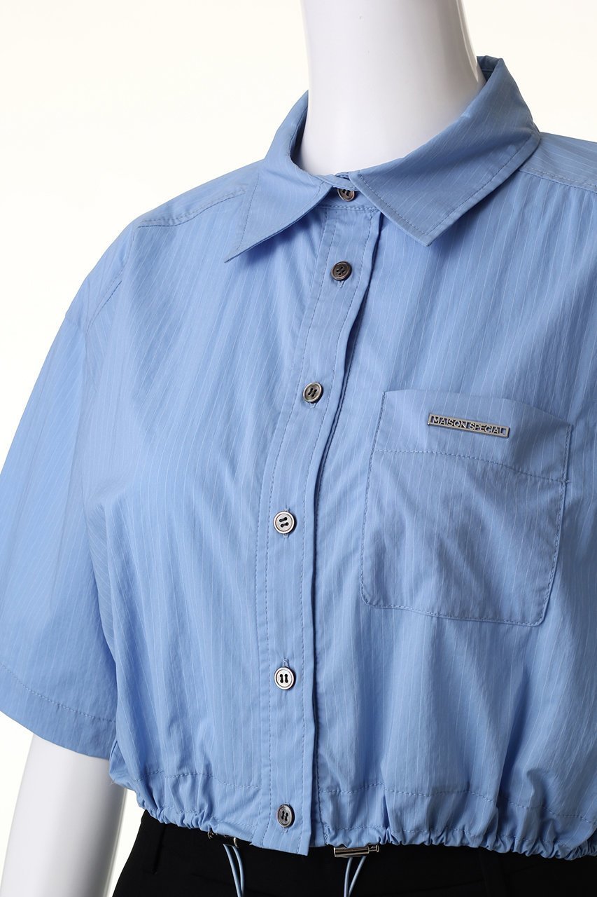 【メゾンスペシャル/MAISON SPECIAL】のStripe Drawstring Short Length Shirt/ストライプドローストリングショートシャツ 人気、トレンドファッション・服の通販 founy(ファニー) 　ファッション　Fashion　レディースファッション　Fashion for Women　トップス・カットソー　Cut & Sew Tops　シャツ・ブラウス・オフィスカジュアル　Elegant Blouses & Button-Ups　ショート　Short, Short Length　スリーブ　Sleeve, Long Sleeve / Short Sleeve　トレンド　Trend, Trending Now　バランス　Balance, Style Balance　プレート　Plate, Dish　ボトム　Bottoms, Lower Wear　ポケット　Pocket, Pocket Detail　メタル　Metal, Metal Parts　エレガント 上品　Elegant　夏　Summer　other-5|ID: prp329100003921194 ipo3291000000032911025
