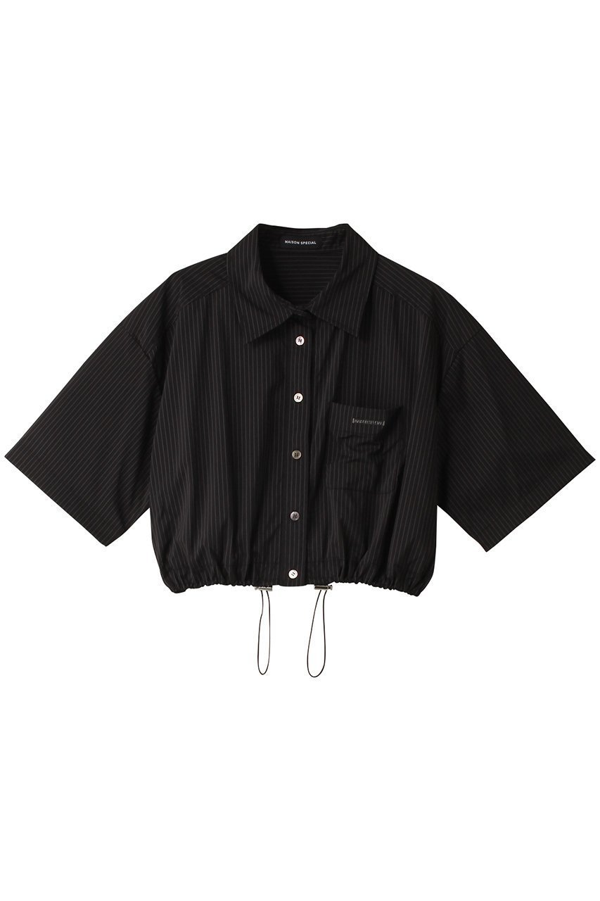 【メゾンスペシャル/MAISON SPECIAL】のStripe Drawstring Short Length Shirt/ストライプドローストリングショートシャツ インテリア・キッズ・メンズ・レディースファッション・服の通販 founy(ファニー) 　ファッション　Fashion　レディースファッション　Fashion for Women　トップス・カットソー　Cut & Sew Tops　シャツ・ブラウス・オフィスカジュアル　Elegant Blouses & Button-Ups　ショート　Short, Short Length　スリーブ　Sleeve, Long Sleeve / Short Sleeve　トレンド　Trend, Trending Now　バランス　Balance, Style Balance　プレート　Plate, Dish　ボトム　Bottoms, Lower Wear　ポケット　Pocket, Pocket Detail　メタル　Metal, Metal Parts　エレガント 上品　Elegant　夏　Summer　BLK(ブラック)|ID: prp329100003921194 ipo3291000000036725347